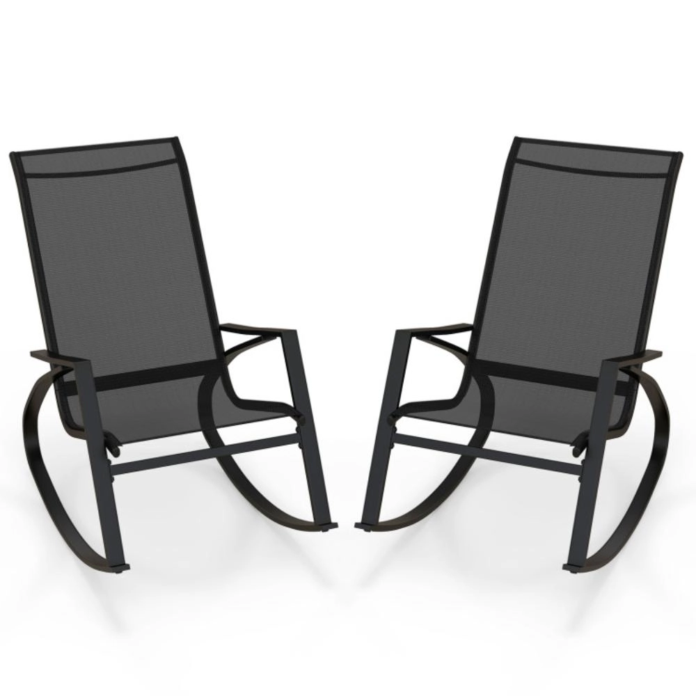 Hivvago 2 Pieces Patio Rocking Chairs Outdoor Sling Fabric Rockers With Ergonomic Backrest And Seat-Black