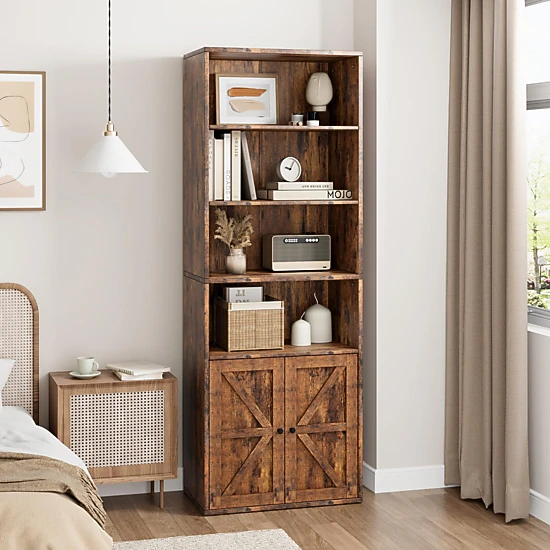 BebreezChic Tall Bookcase with Doors, 4-Tier Wooden Bookshelf