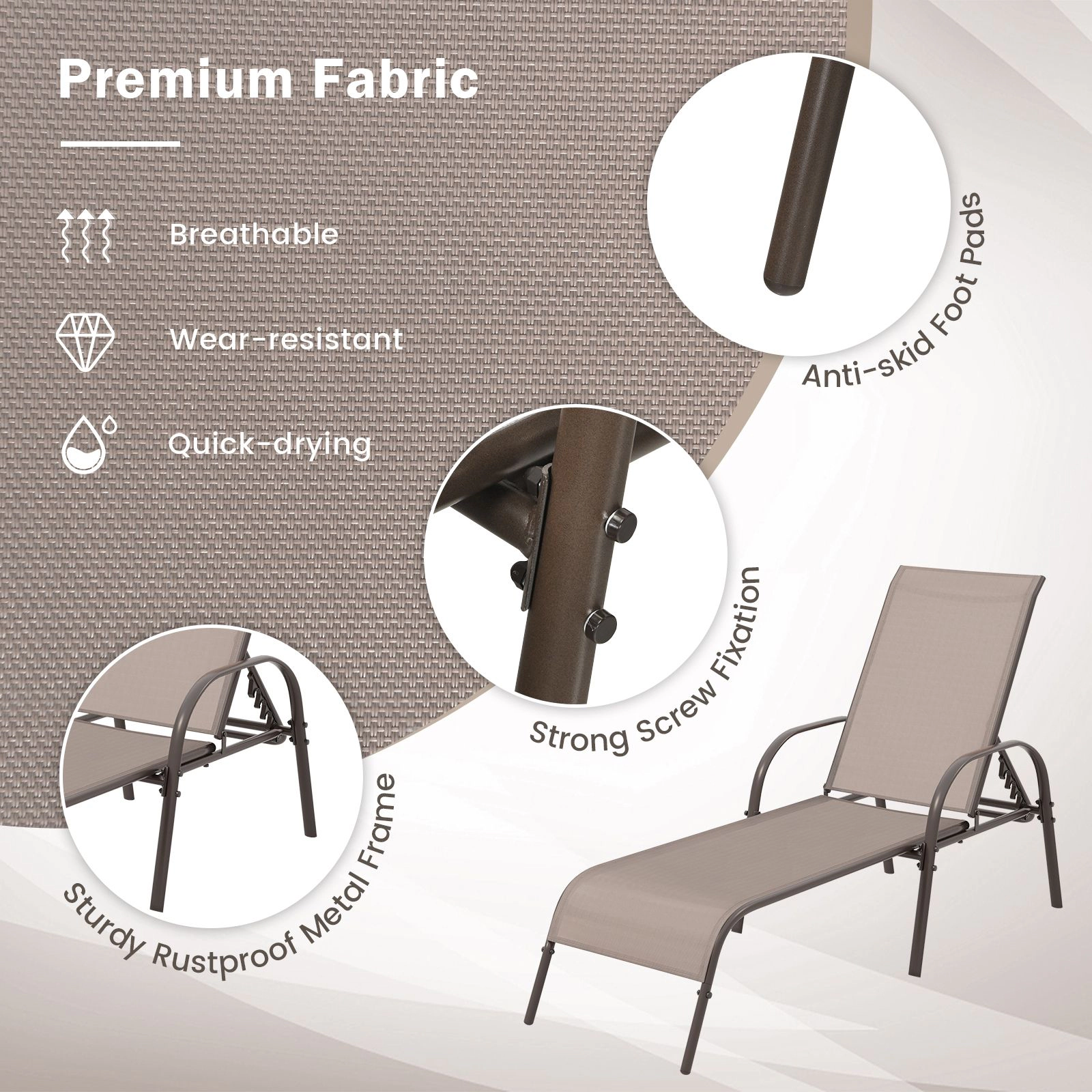 SlickBlue Outdoor Reclining Lounge Chair with Steel Frame and Breathable Fabric Seat 2 Pieces