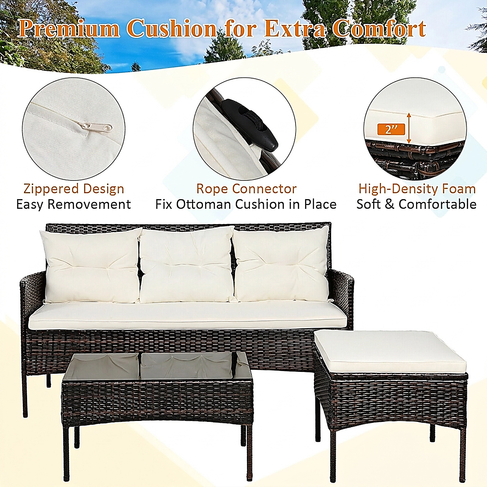 SUGIFT 3-Piece Brown Rattan Patio Sectional Sofa Set with Ottoman and Glass Coffee Table