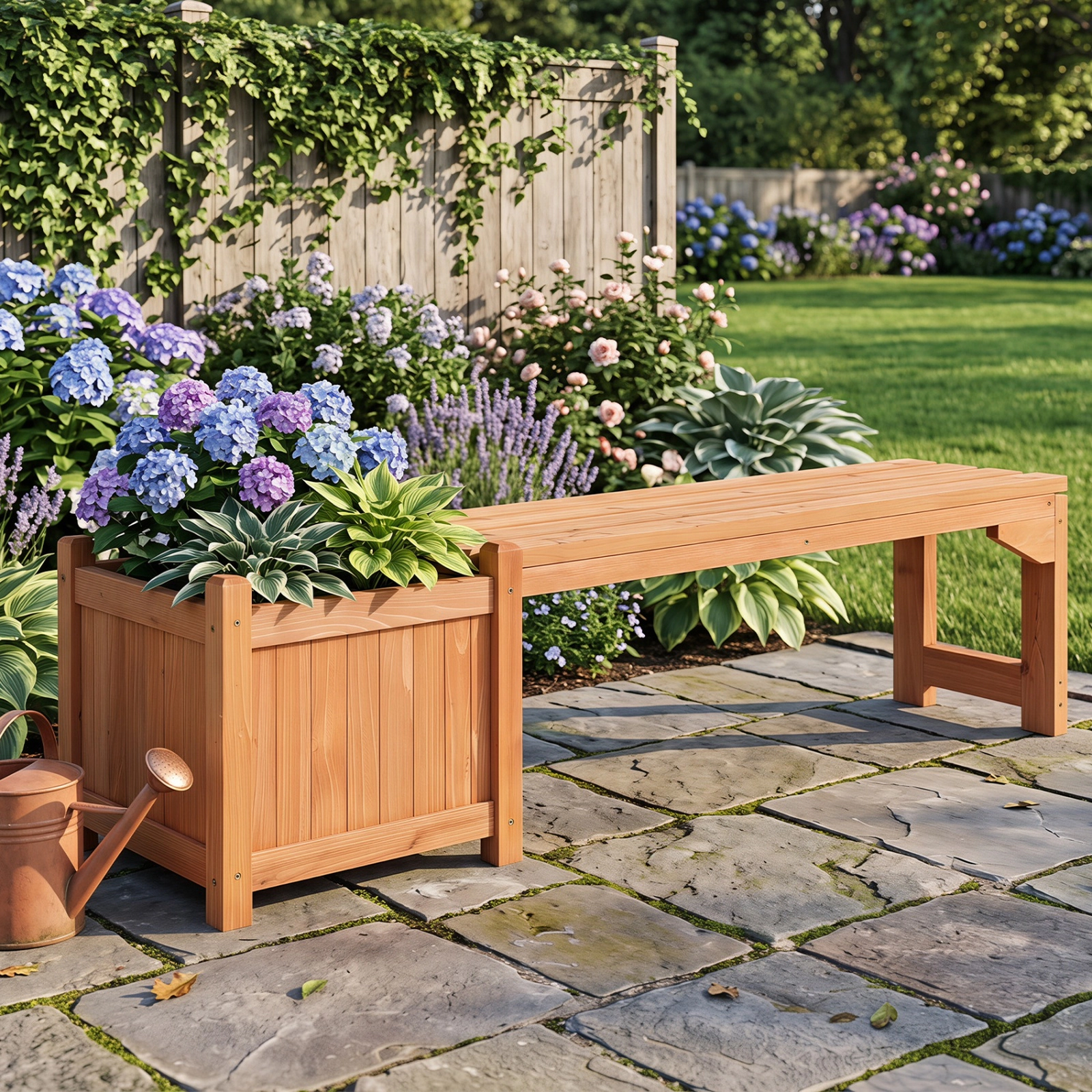 SUGIFT 2-in-1 Raised Planter Box 2-Person Seat Fir Wood Garden Bench 53-in x 14-in x 14-in 660-lb Capacity Natural