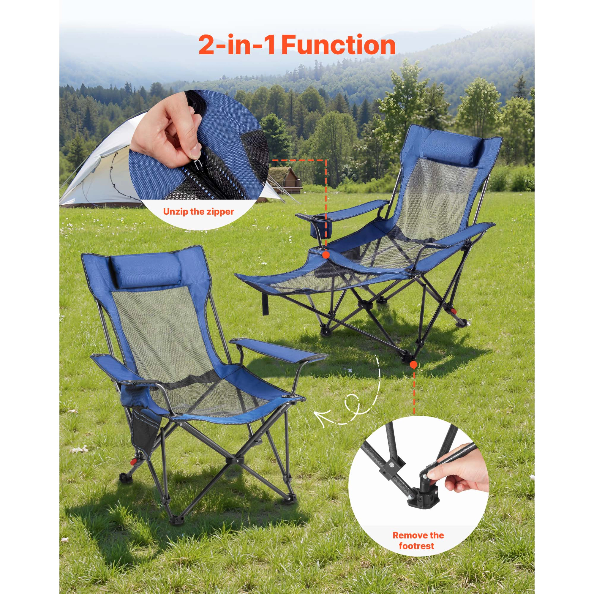 HONGGE Reclining Camping Chair 4 Adjustable Positions Portable Folding Lounger for Adults Mesh Beach with