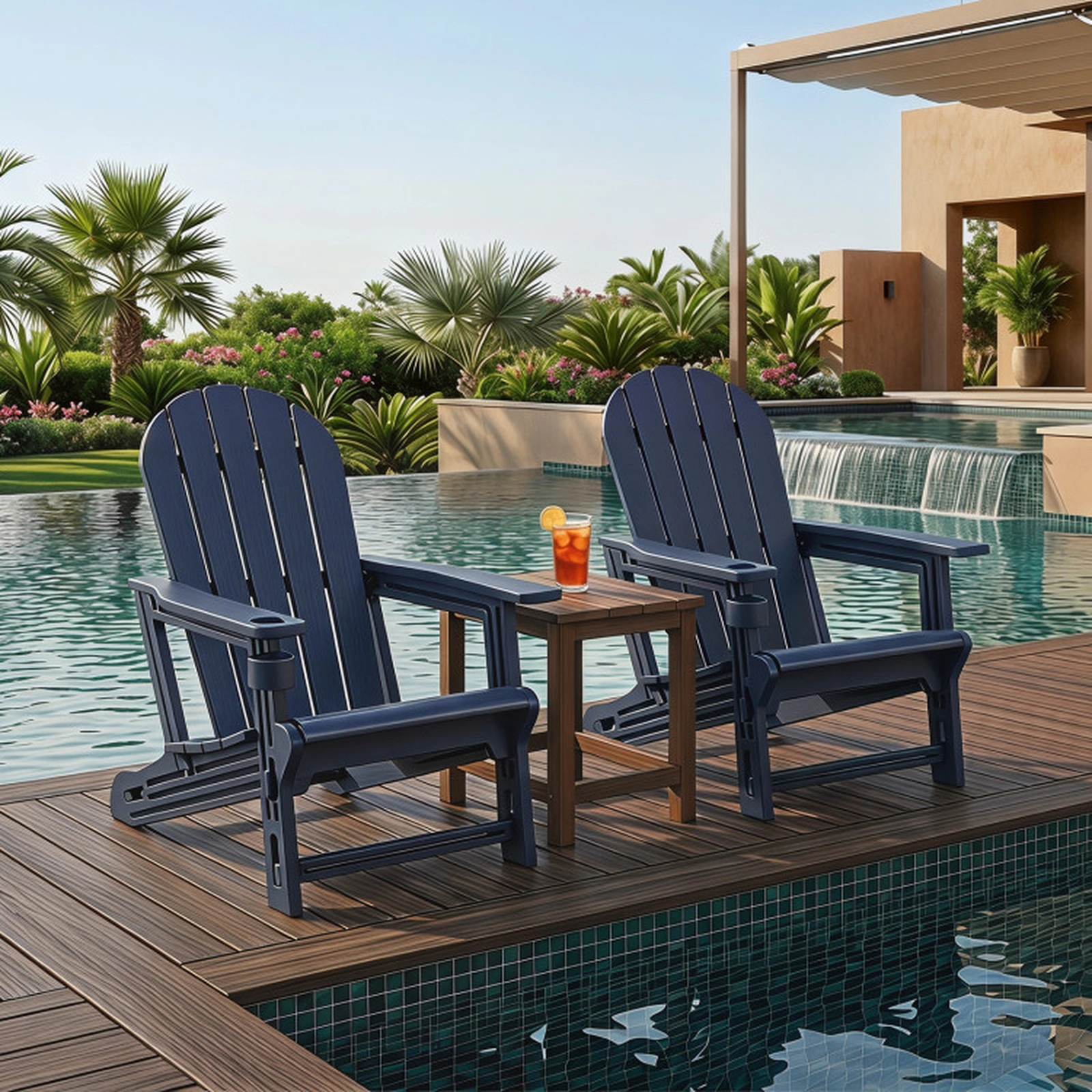SUGIFT Navy Blue Cup Holder and Wooden Texture for Patio Set of 2 HDPE Adirondack Chairs