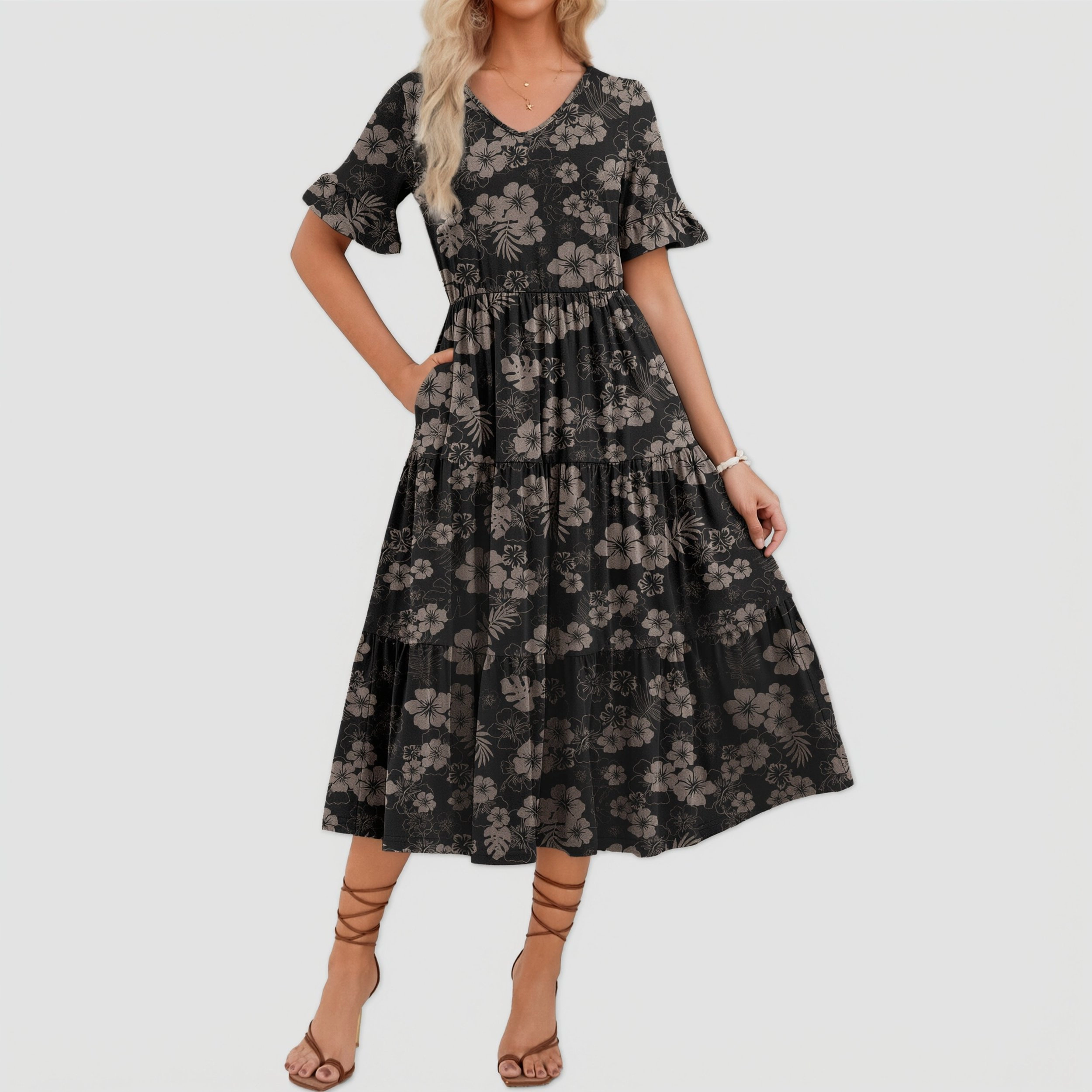Zeagoo Women's V Neck Ruffle Sleeve Midi Dress