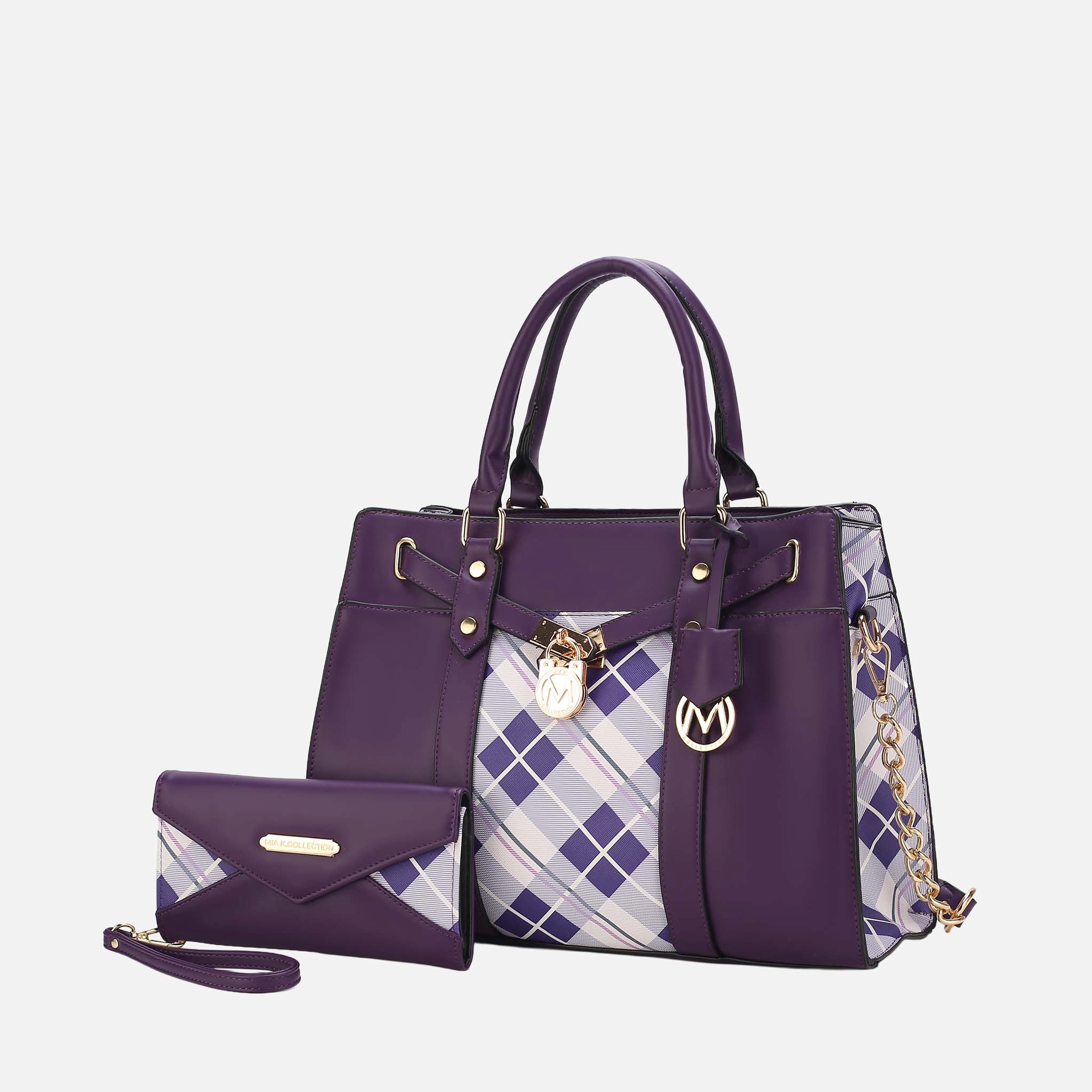 MKF Collection Christine Plaid Vegan Leather Satchel with Wristlet Wallet - Purple