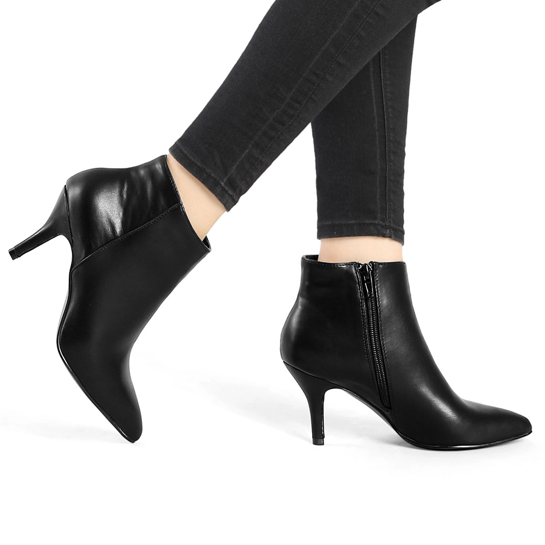BLISSFUL STEP Women PU Rubber Pointed Toe Zipper Stiletto Heel Ankle Boots