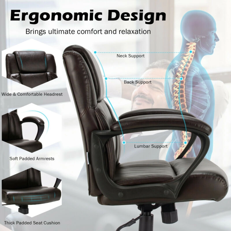 SUGIFT 300-lb Capacity Brown PU Leather Executive Computer Desk Chair with Rocking Backrest and Tilt Tension