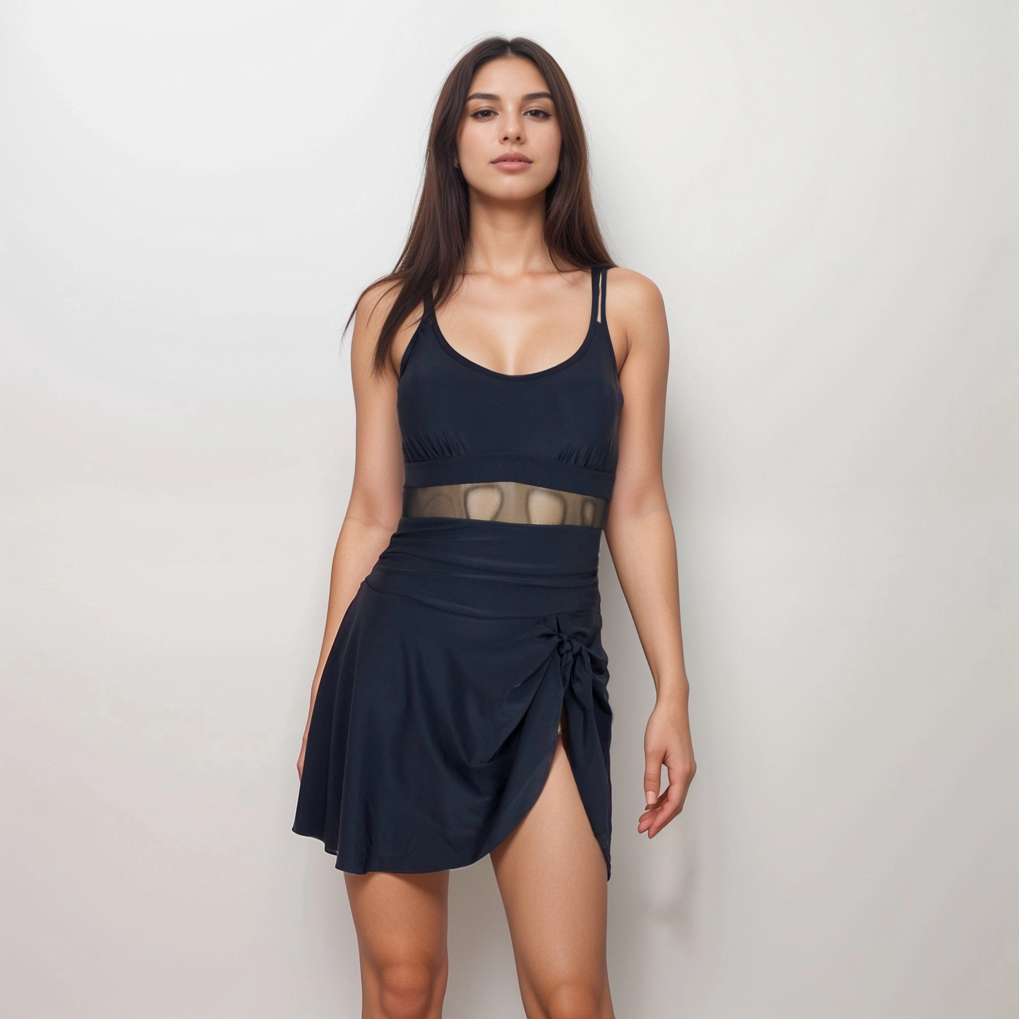 Anna-Kaci Women's Mesh Panel One-Piece Swimsuit with Adjustable Spaghetti Straps Design and Side Tie Swim Skirt