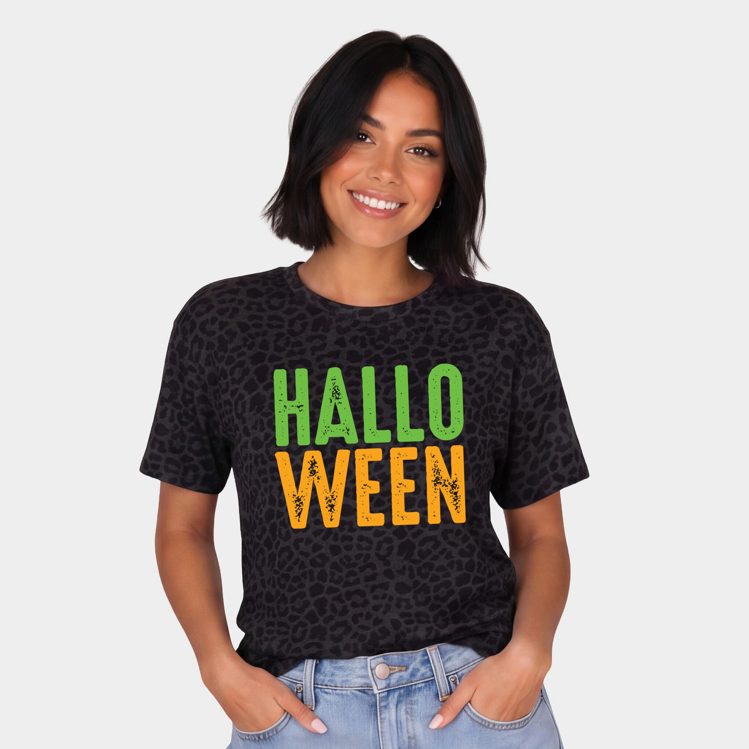 Simply Sage Market - Women's Leopard Print Tee Halloween Bright Distressed