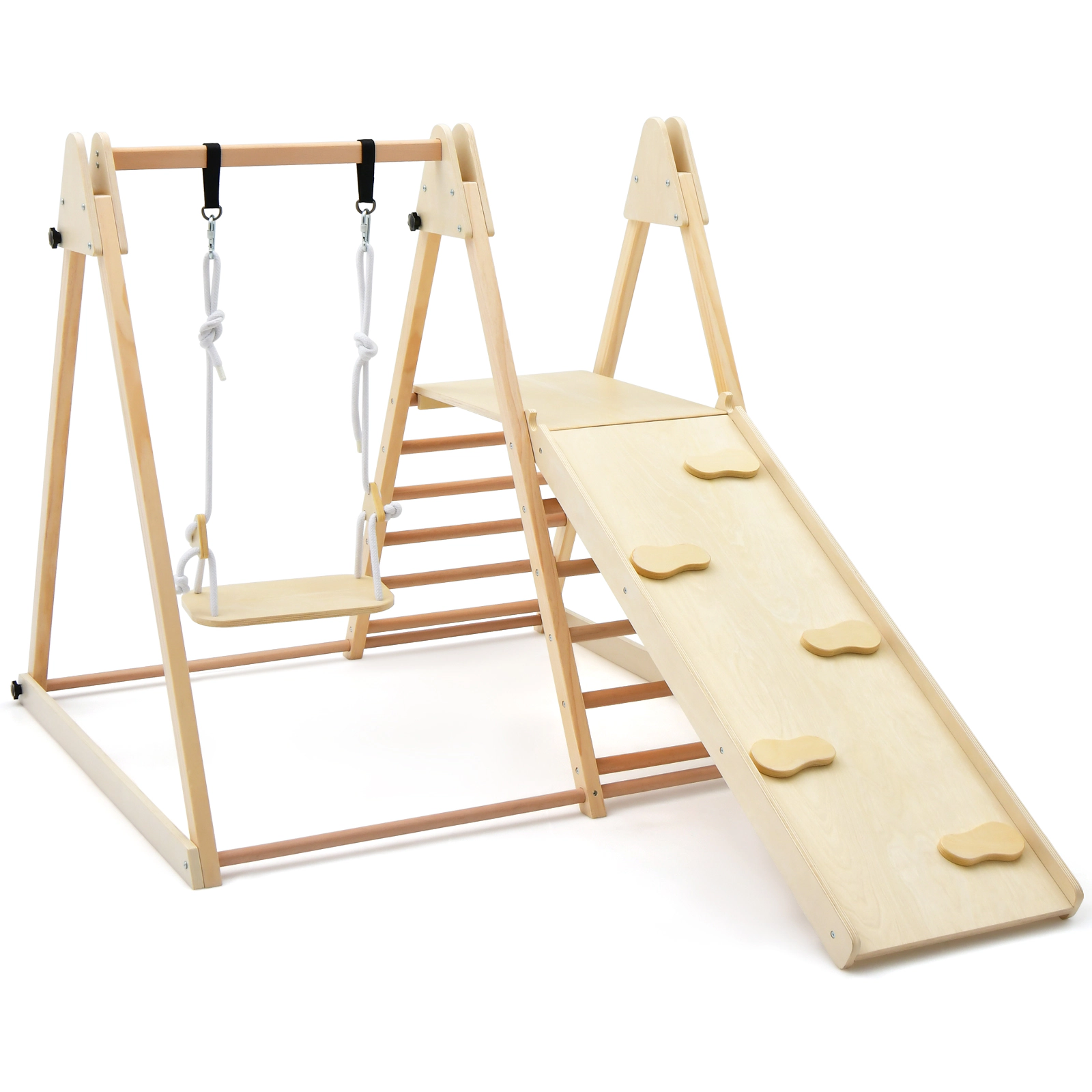 SUGIFT Natural 5-in-1 Foldable Wooden Kids Climber with Slide and Adjustable Swing 275-lb Total 4.5-in Folded