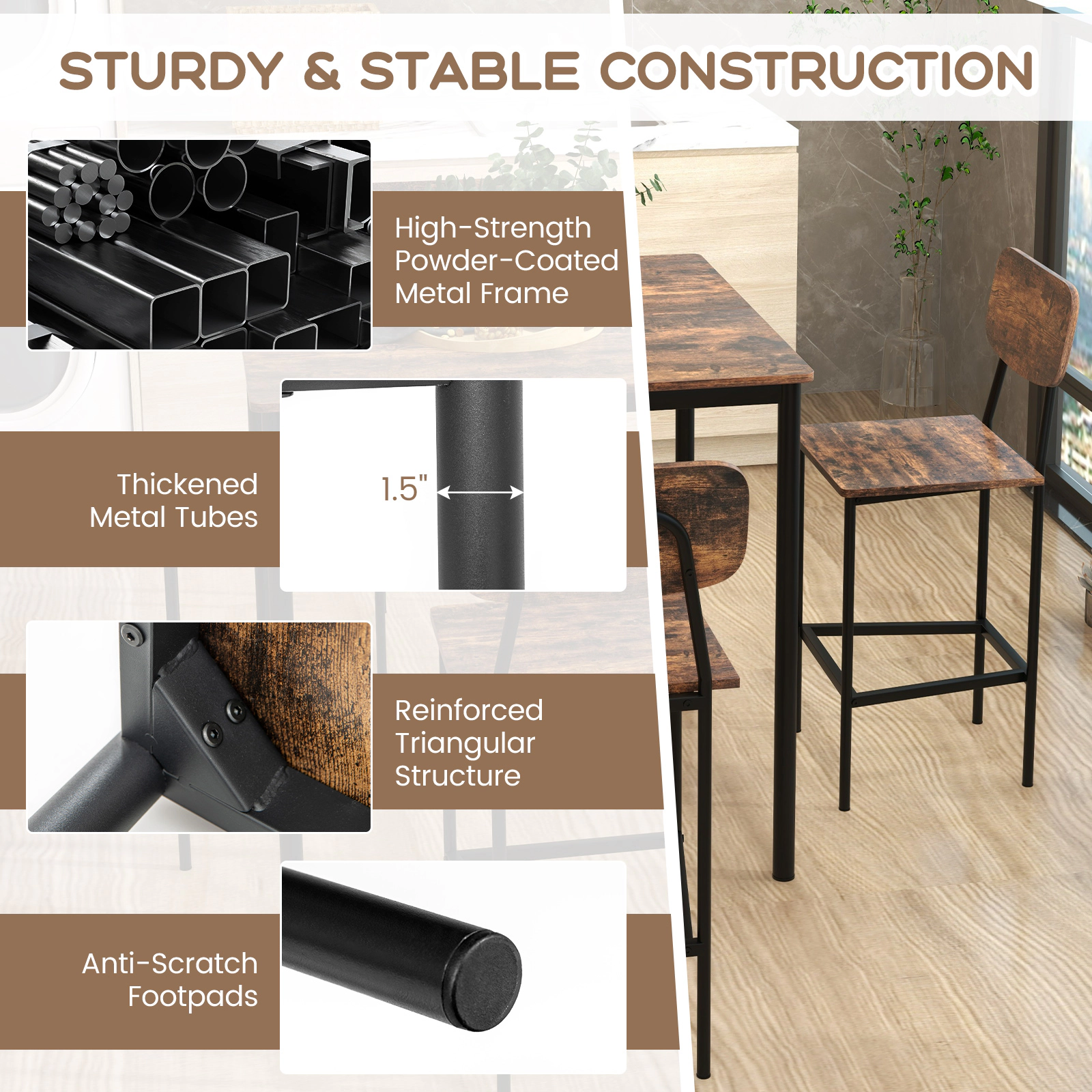 SUGIFT Industrial Counter-Height Dining Set with 300-lb Table Capacity and 4 Bar Stools 200-lb Capacity Coffee