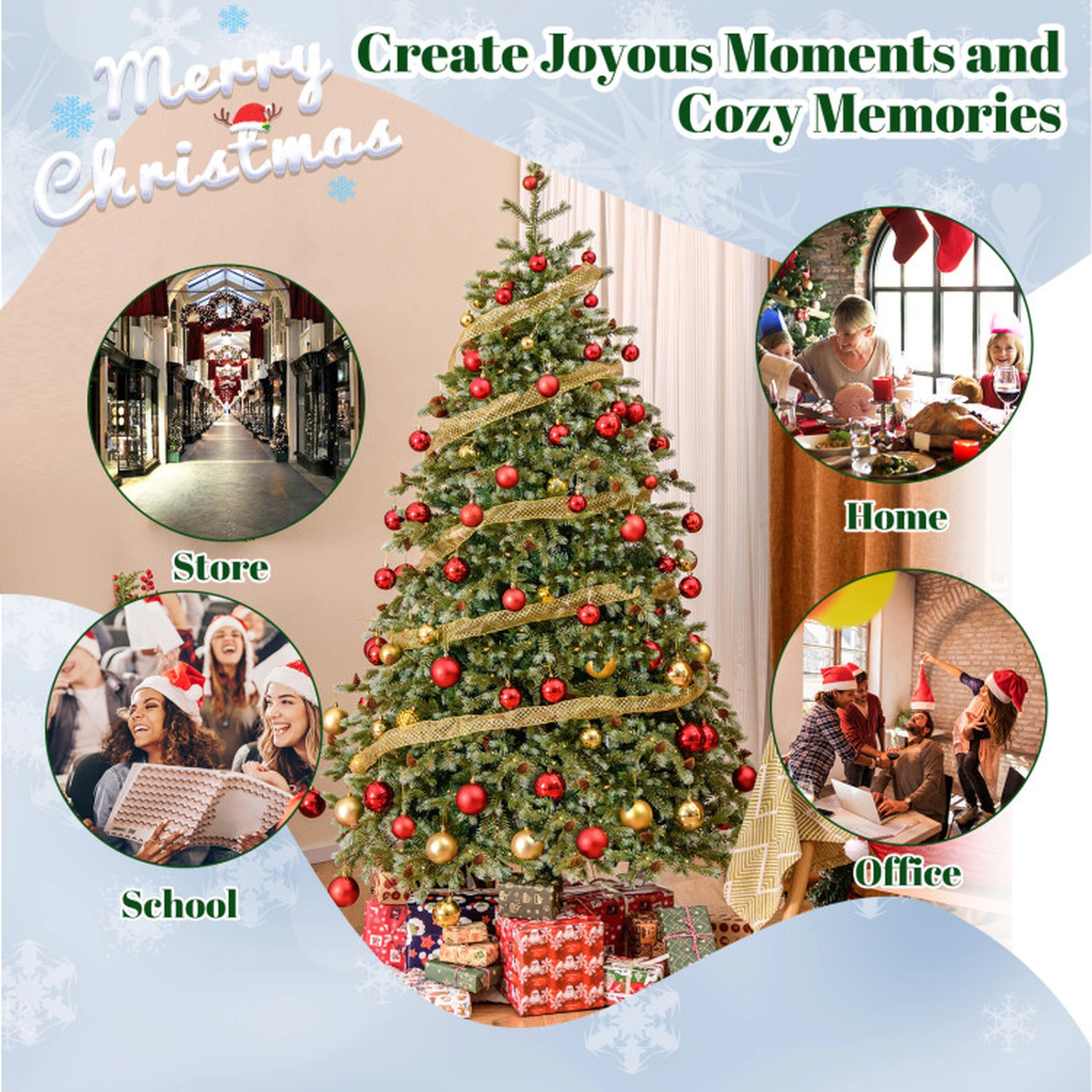 SUGIFT Pre-Lit 7-Foot Artificial Christmas Tree with 846 Branch Tips 340 Warm White LED Lights and Pine Cones Green