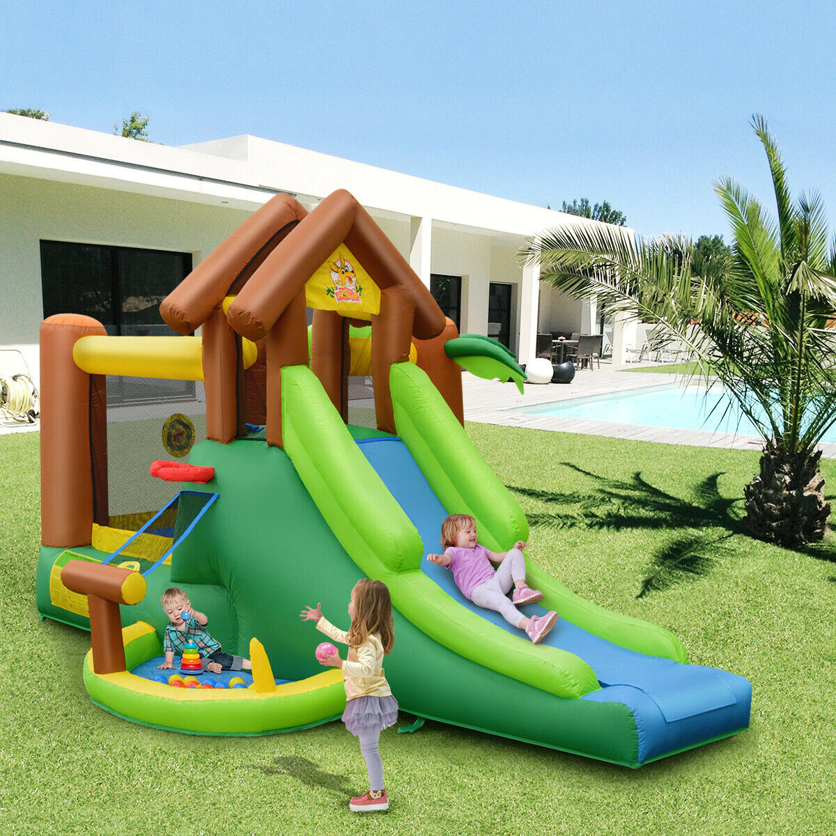 SUGIFT Kids Inflatable Jungle Bounce House Castle with 735W Blower 300-lb Capacity Ages 3-10 As Picture Shows