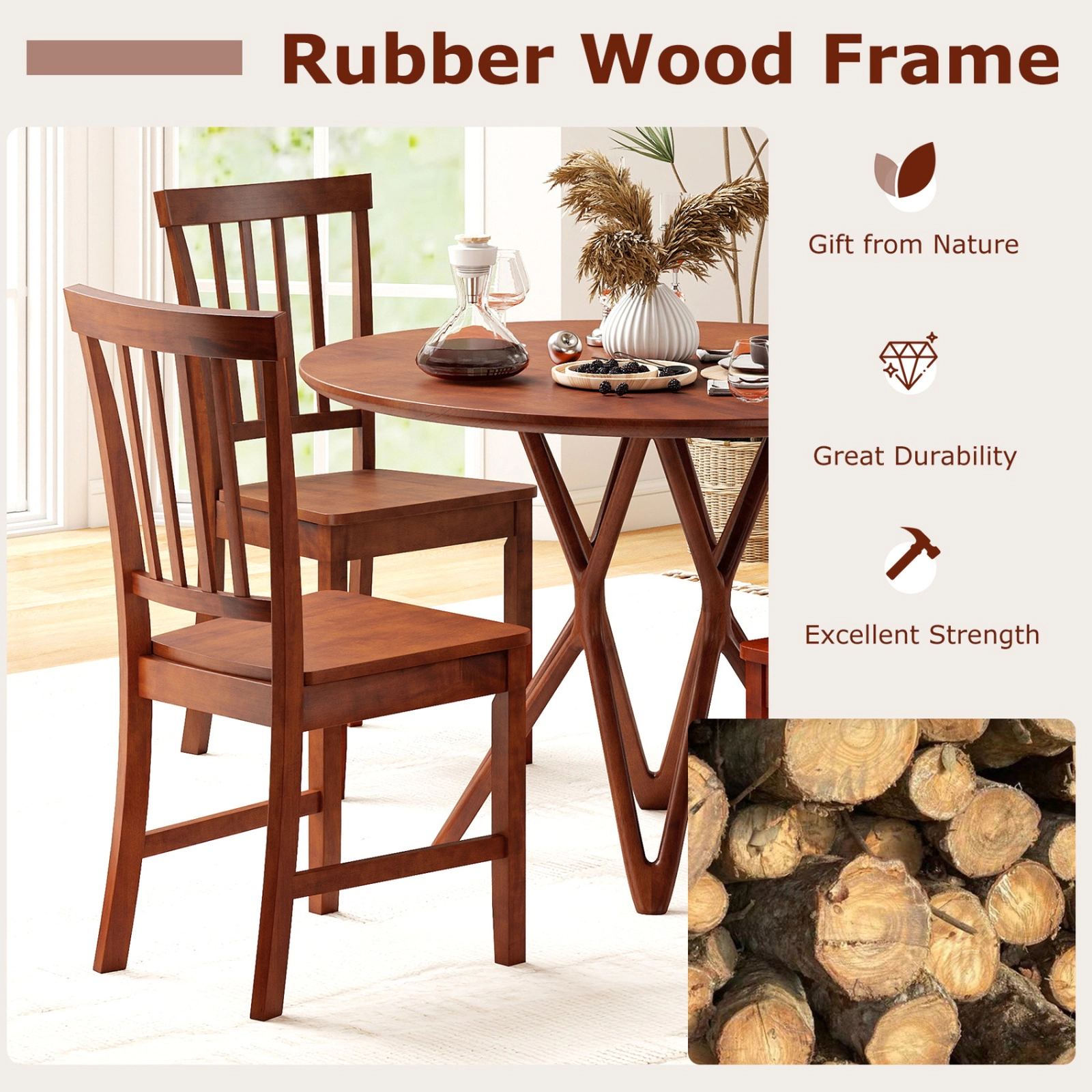 SUGIFT Set of 2 Walnut Armless Dining Chairs with Rubber Wood Legs