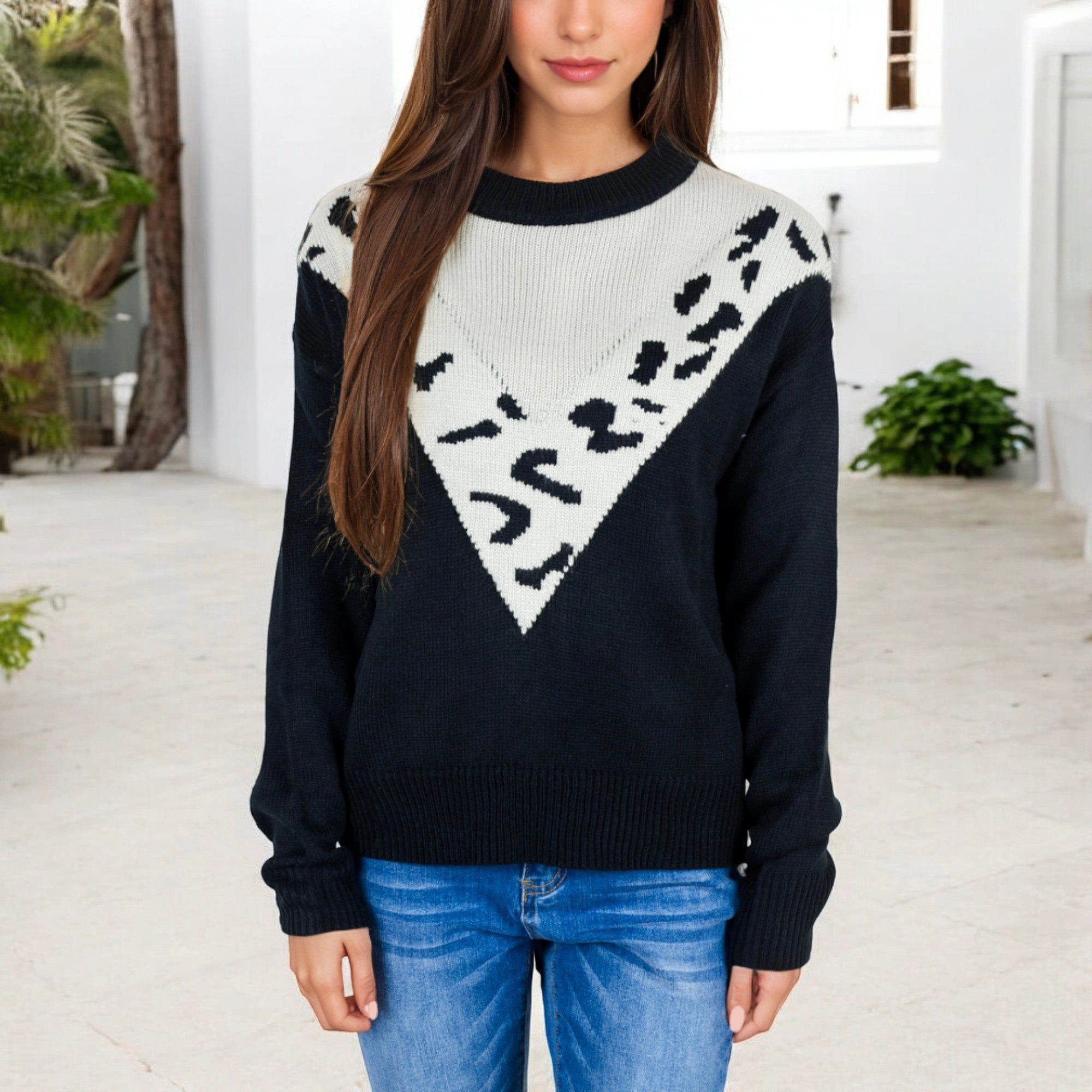 Anna-Kaci Women's Crew Neck Sweater with Contrast Leopard Print Chevron Design for Casual Looks