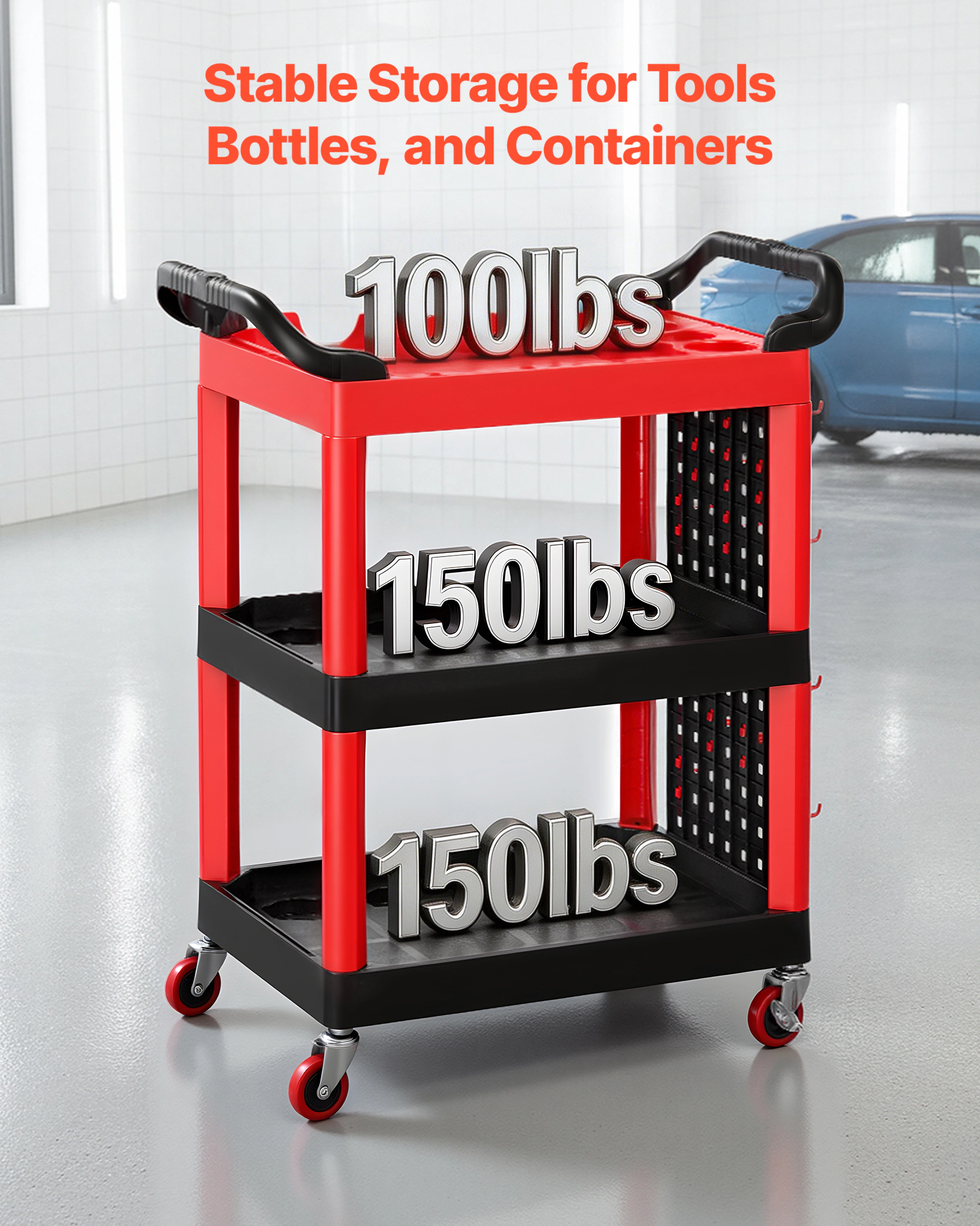 HONGGE 3-Tier Utility Cart with Pegboard & Tool Holders, 300 lbs Capacity, Rolling Cart for Garage & Detailing