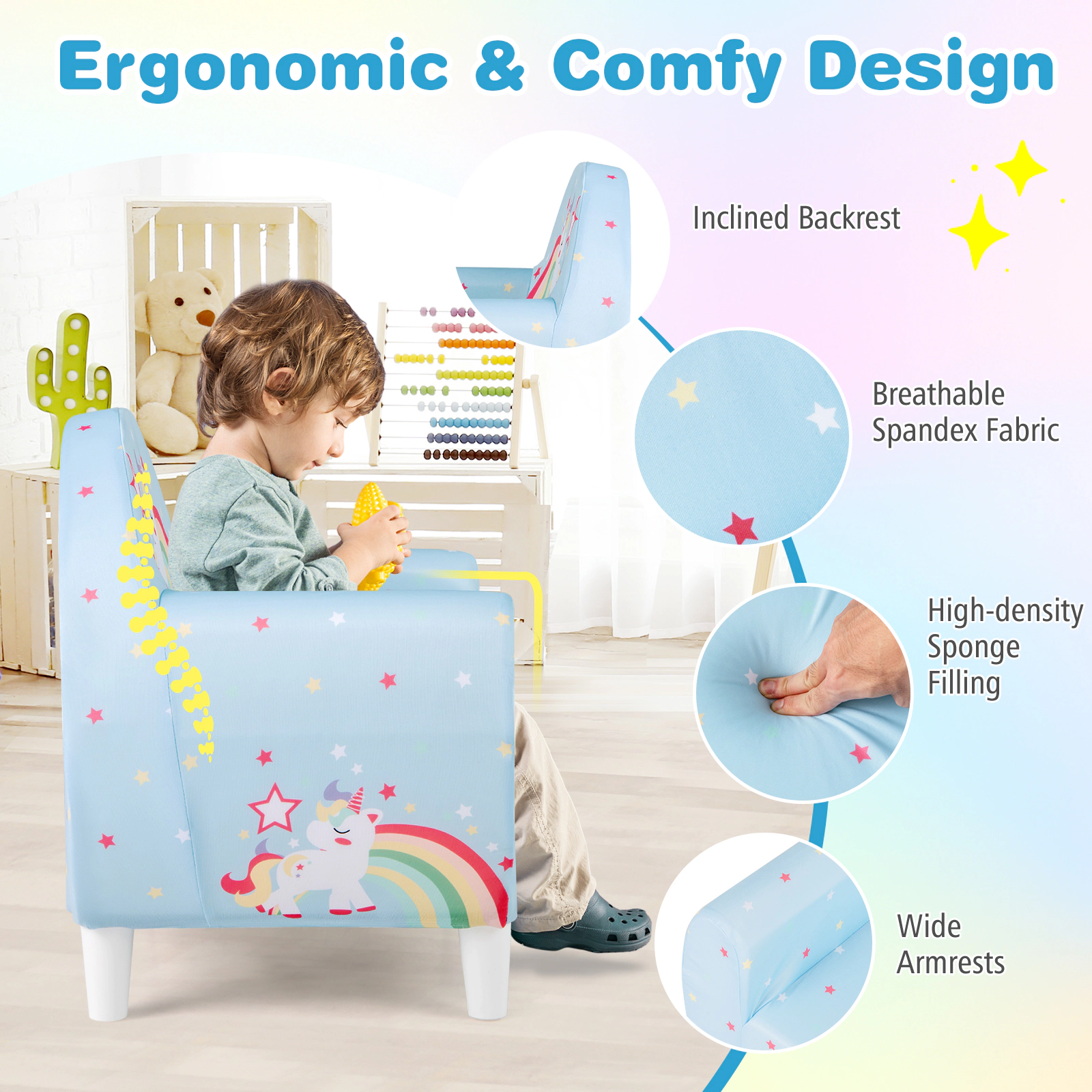 SUGIFT Breathable Spandex Kids Sofa Chair with High-Density Sponge 110-lb Capacity Ages 3+ Blue/Purple