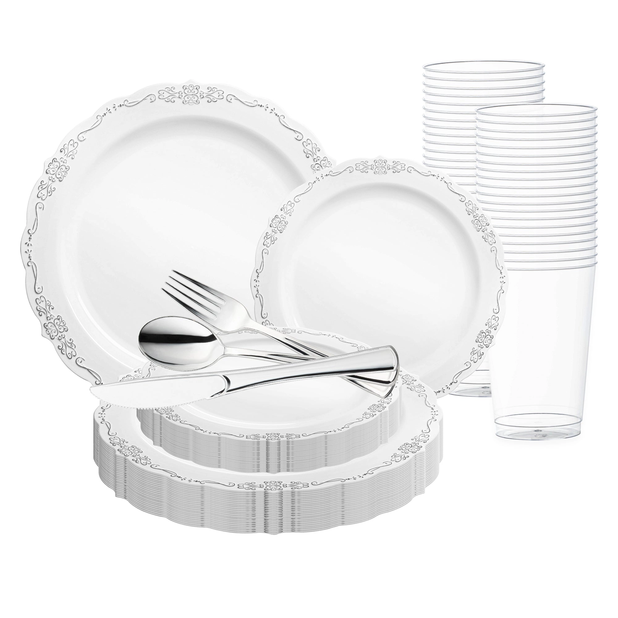 Smarty Had A Party White with Silver Vintage Rim Round Disposable Plastic Wedding Value Set