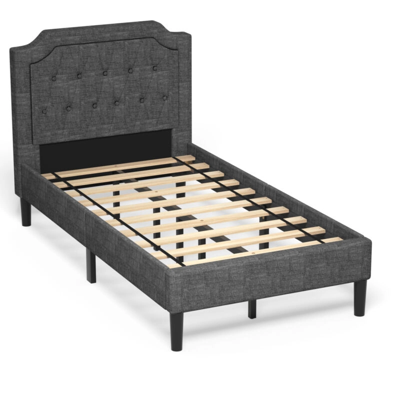 SUGIFT Gray Tufted Headboard and Wood Slats Twin Size Linen Upholstered Platform Bed