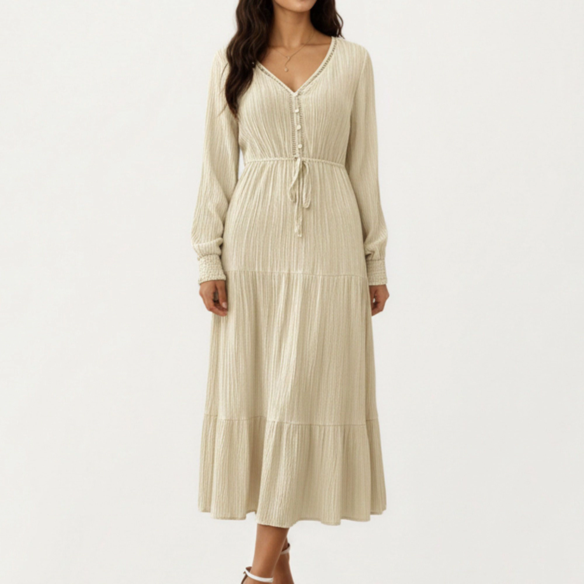Anna-Kaci Women's Pleated V Neck Long Sleeve Waist Tie Dress