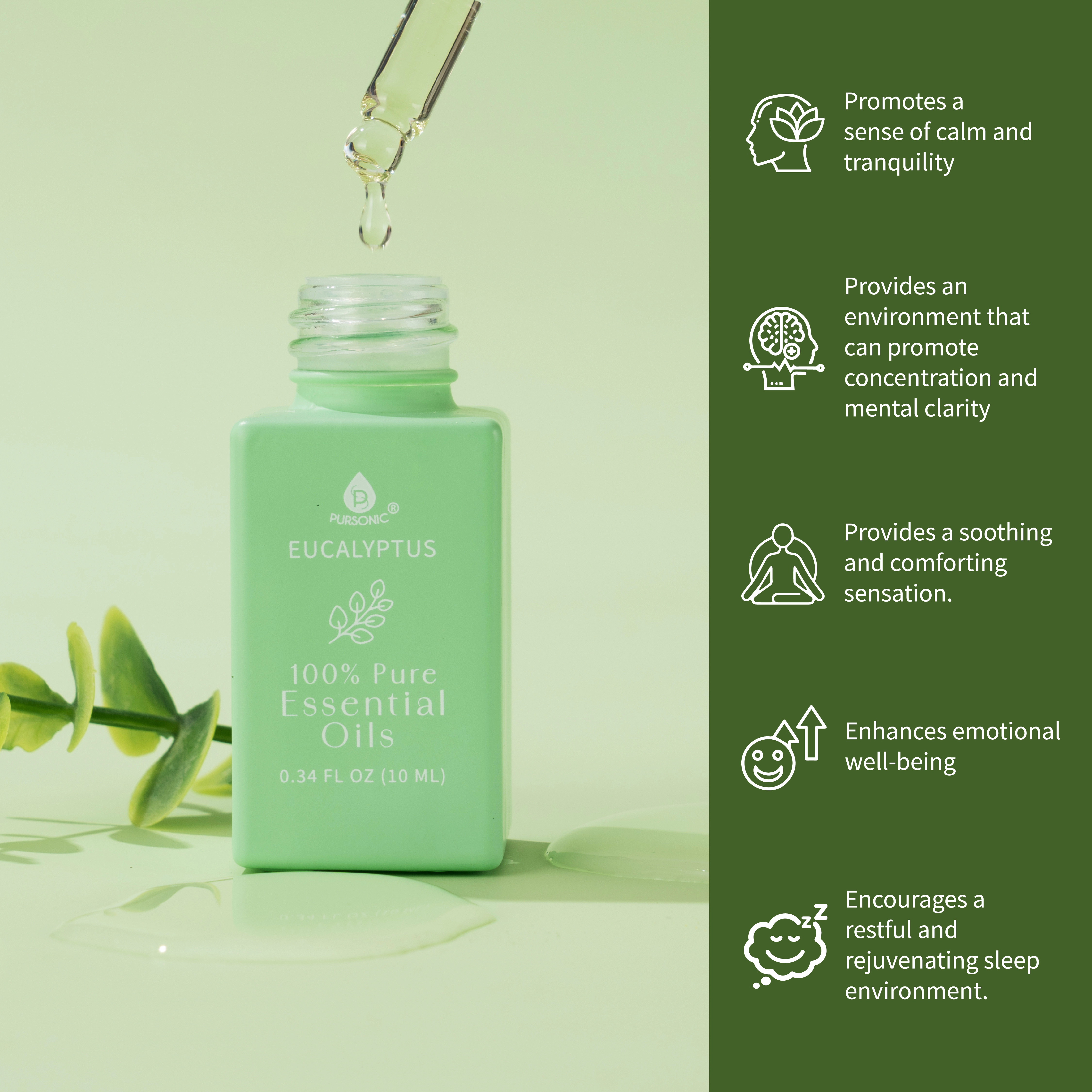 Pursonic 100% Pure Natural Essential Oils: Eucalyptus, Frankincense, Lavender & Peppermint