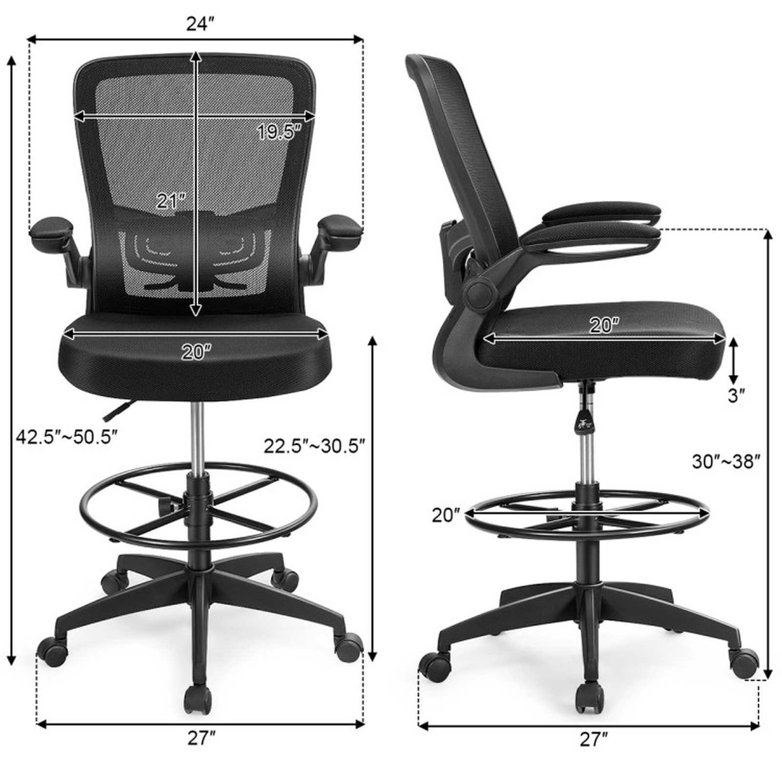 SUGIFT 300-lb Capacity Black Mesh Tall Drafting Chair with Adjustable Foot Ring and Flip-Up Arms