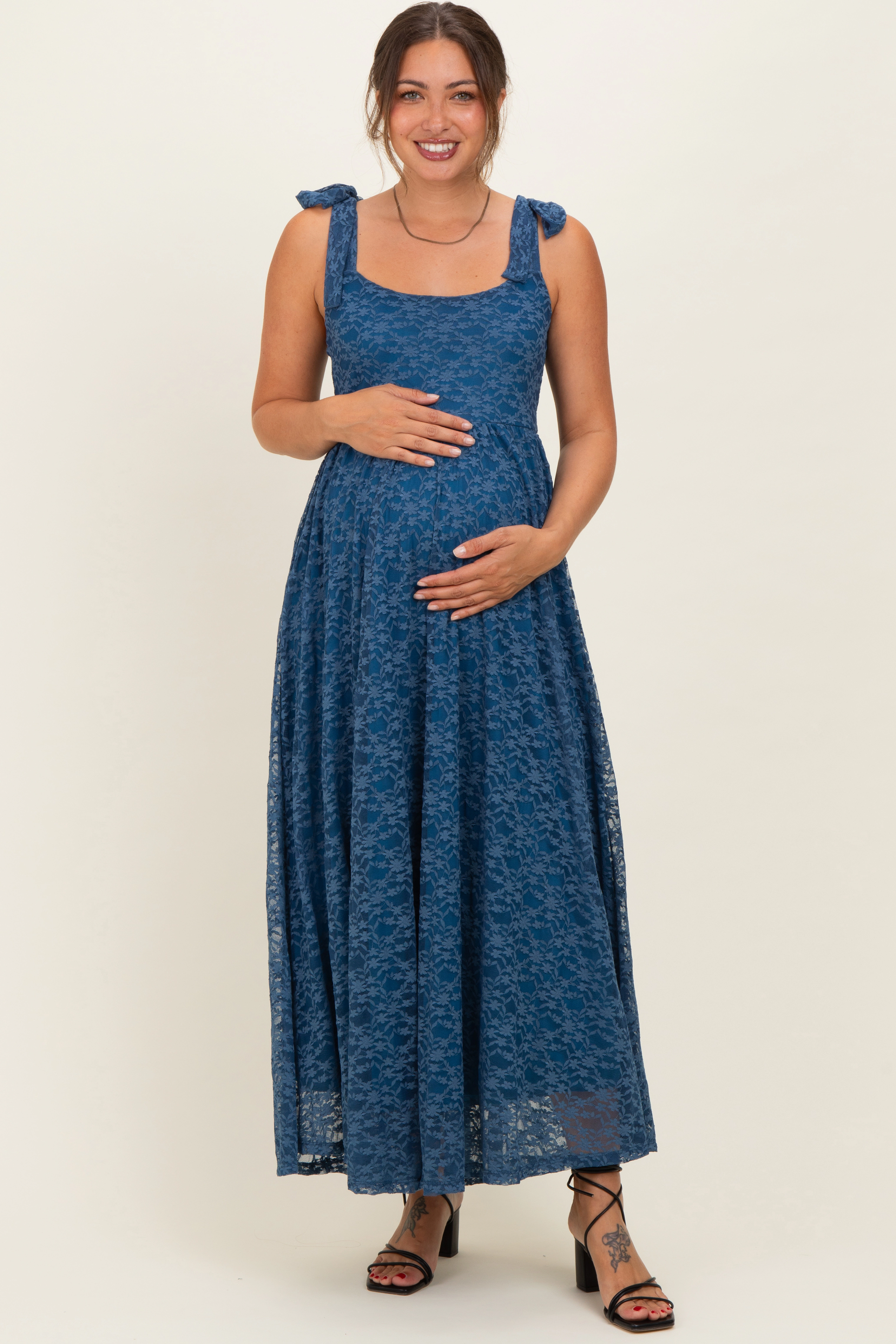 PinkBlush Womens Blue Sleeveless Lace Maternity Maxi Dress