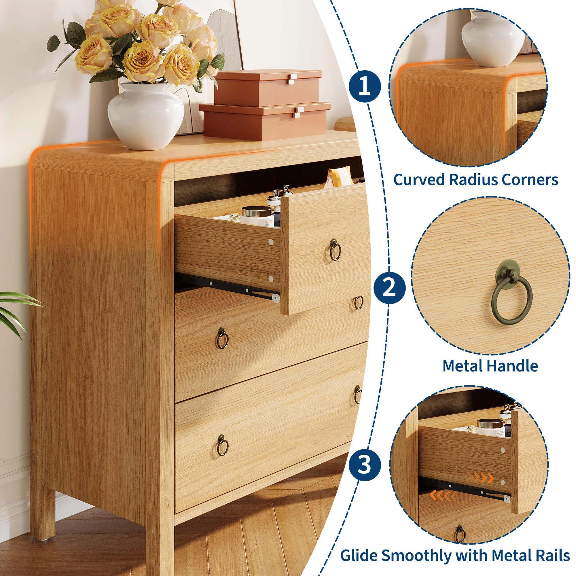 3 Drawer Dresser for Bedroom, 30" Tall Storage Chest, Nightstand with Large Clothes Organizer