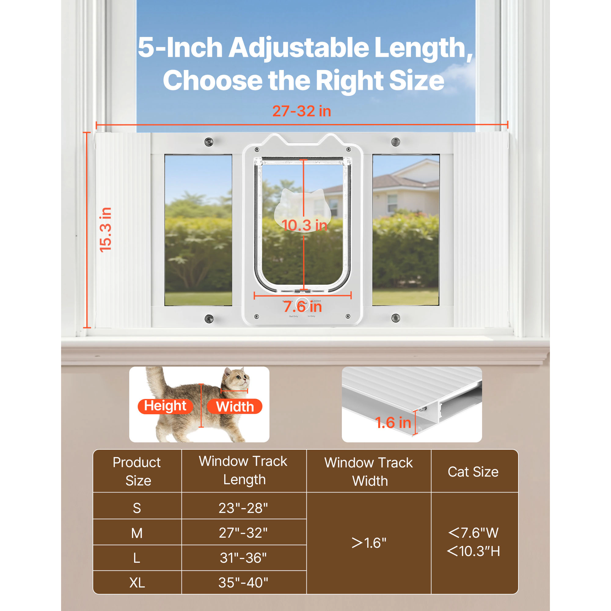 HONGGE Cat Door for Window, Adjustable 27-32 in Width, 4-Way Lock Aluminum Frame with Magnetic Closure, White
