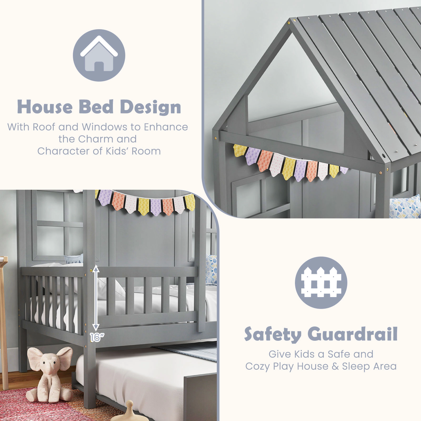 SUGIFT Gray Trundle 82-in Roof and Window Cutouts Twin Kids House Bed Frame
