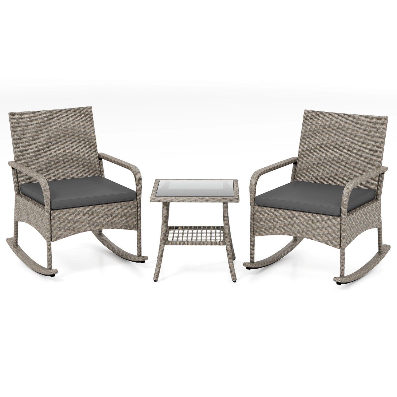 SUGIFT Gray Cushions and Glass Top Table for Garden 3-Piece Wicker Rocking Bistro Set
