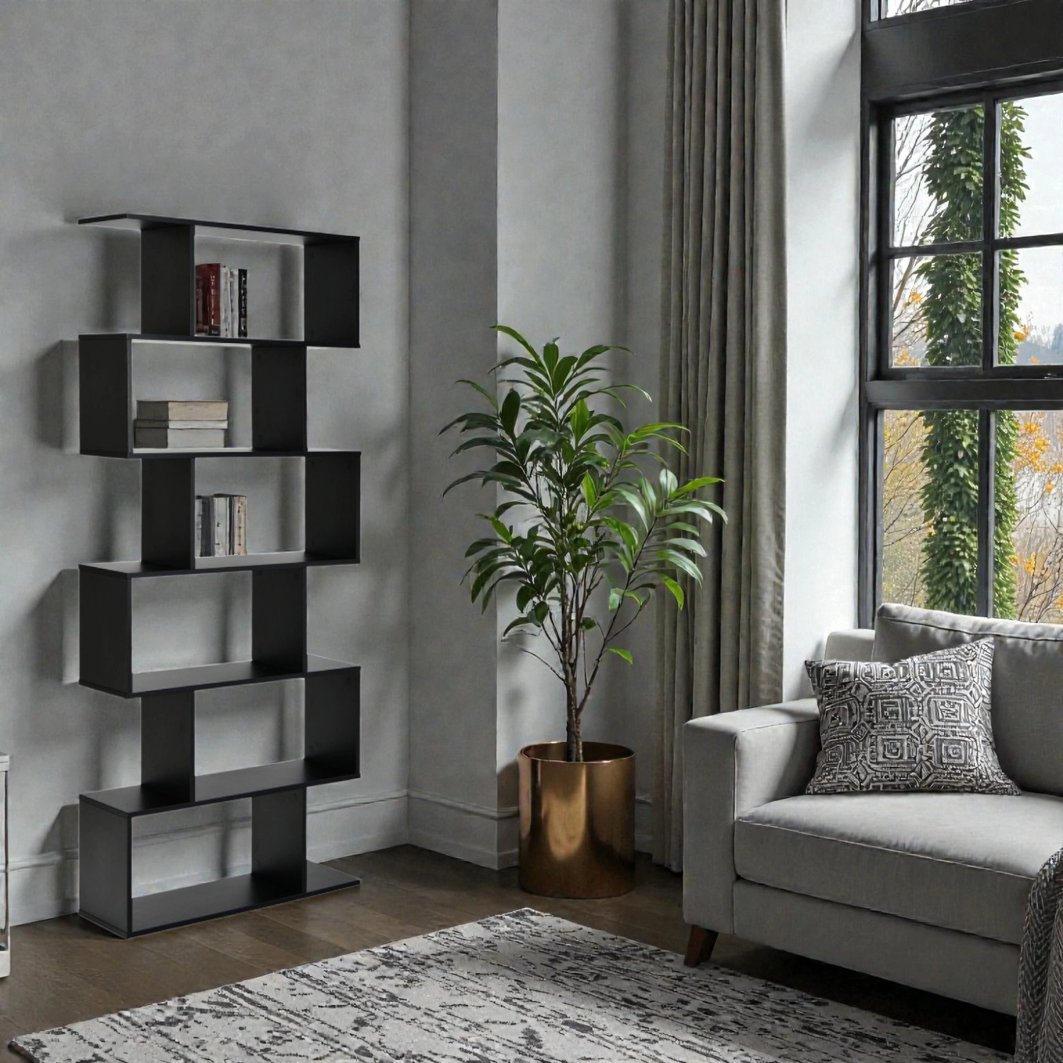 Hivvago Modern S-Shape Bookcase with 6 Spacious Display Shelves