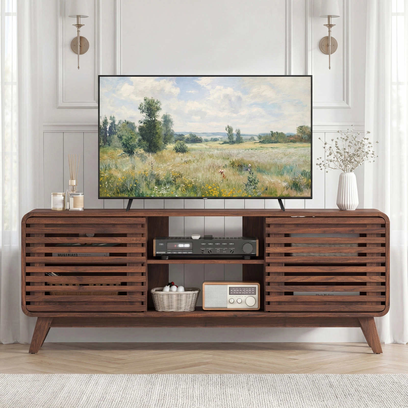 SUGIFT Mid Century Modern Entertainment Center TV Stand Grille-Style Sliding Doors 100-lb Tabletop 3 Adjustable Shelves
