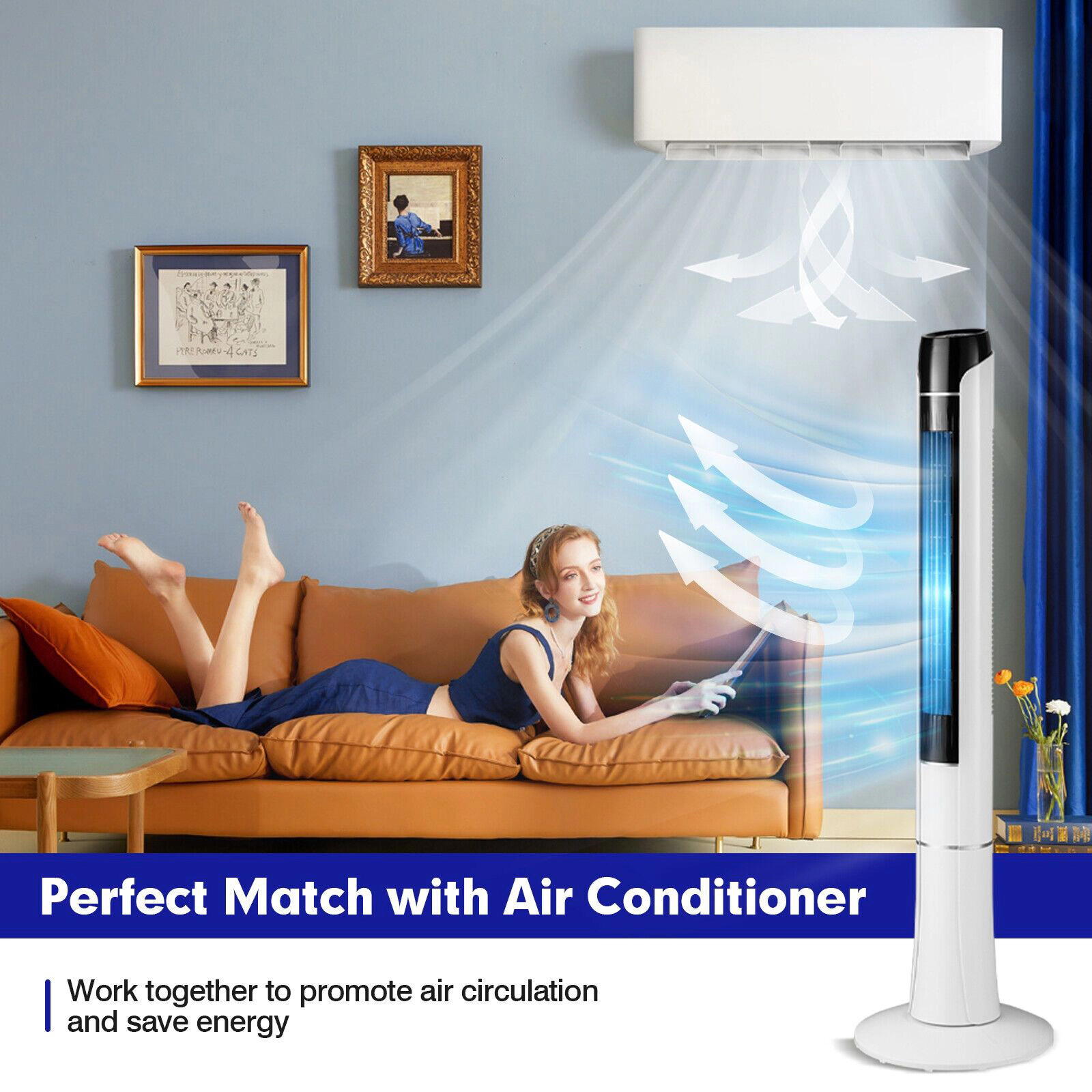 SlickBlue Quiet Tower Fan with 3 Wind Modes for Bedroom and Living Room