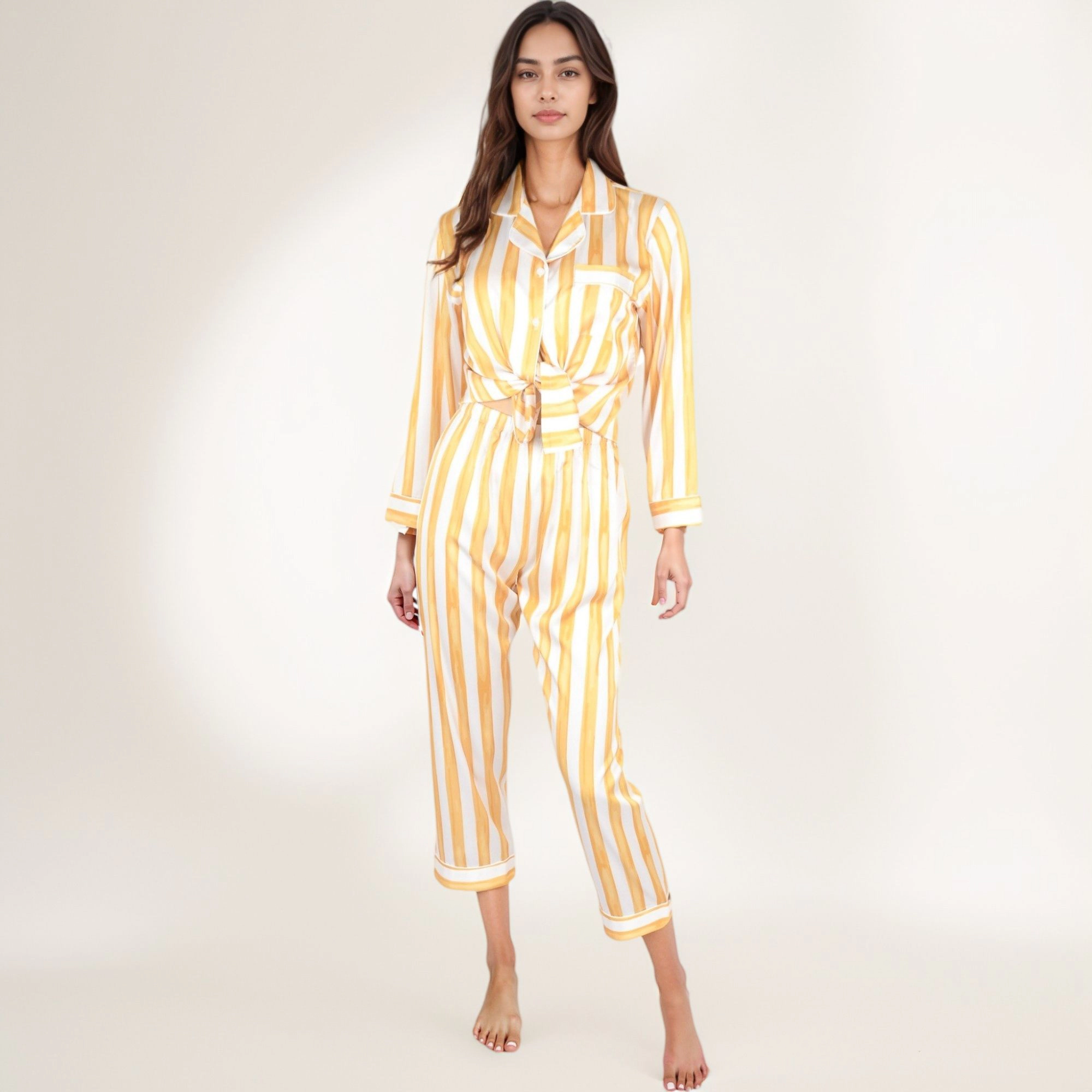 Anna-Kaci Women's Striped Satin Pajama Set with Long Sleeve Button Top and Cropped Pants