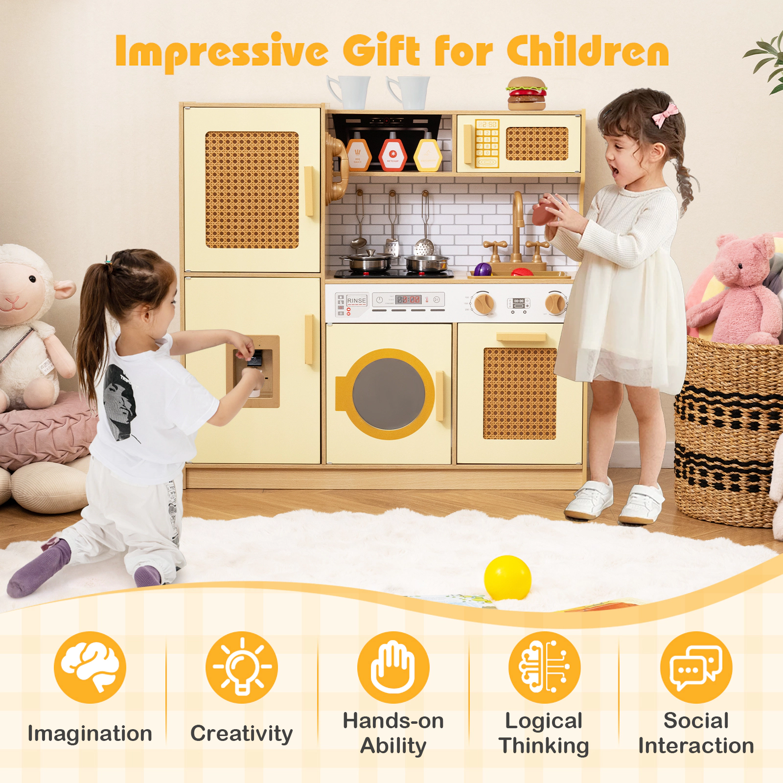 SUGIFT Wooden Kitchen Playset with Realistic Lights and Sounds for Ages 3+ Yellow