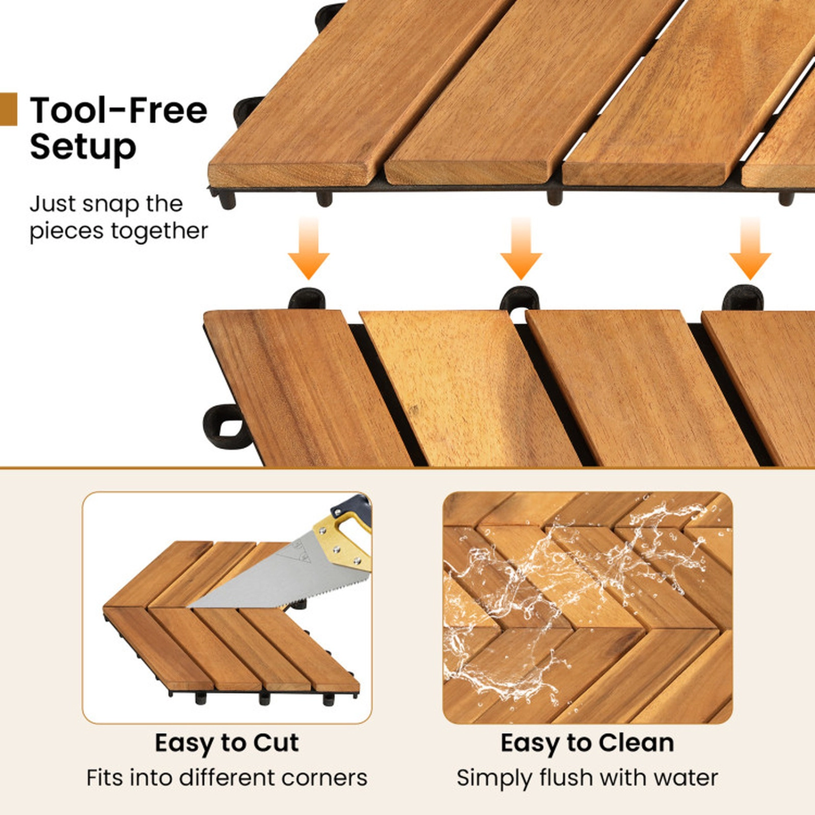 SUGIFT Natural 30-Piece Acacia Wood Deck Tiles with Tool-Free Snap Base 12-in W 12-in D 500-lb Tile Capacity