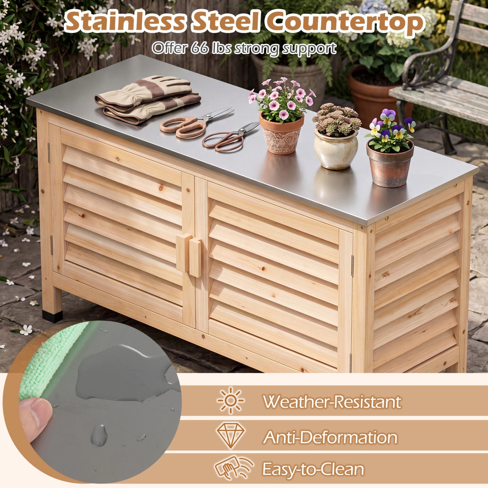 SUGIFT Fir Wood Patio Storage Cabinet Stainless Steel Countertop 66-lb Capacity 43 x 16 x 24-in Natural/Silver