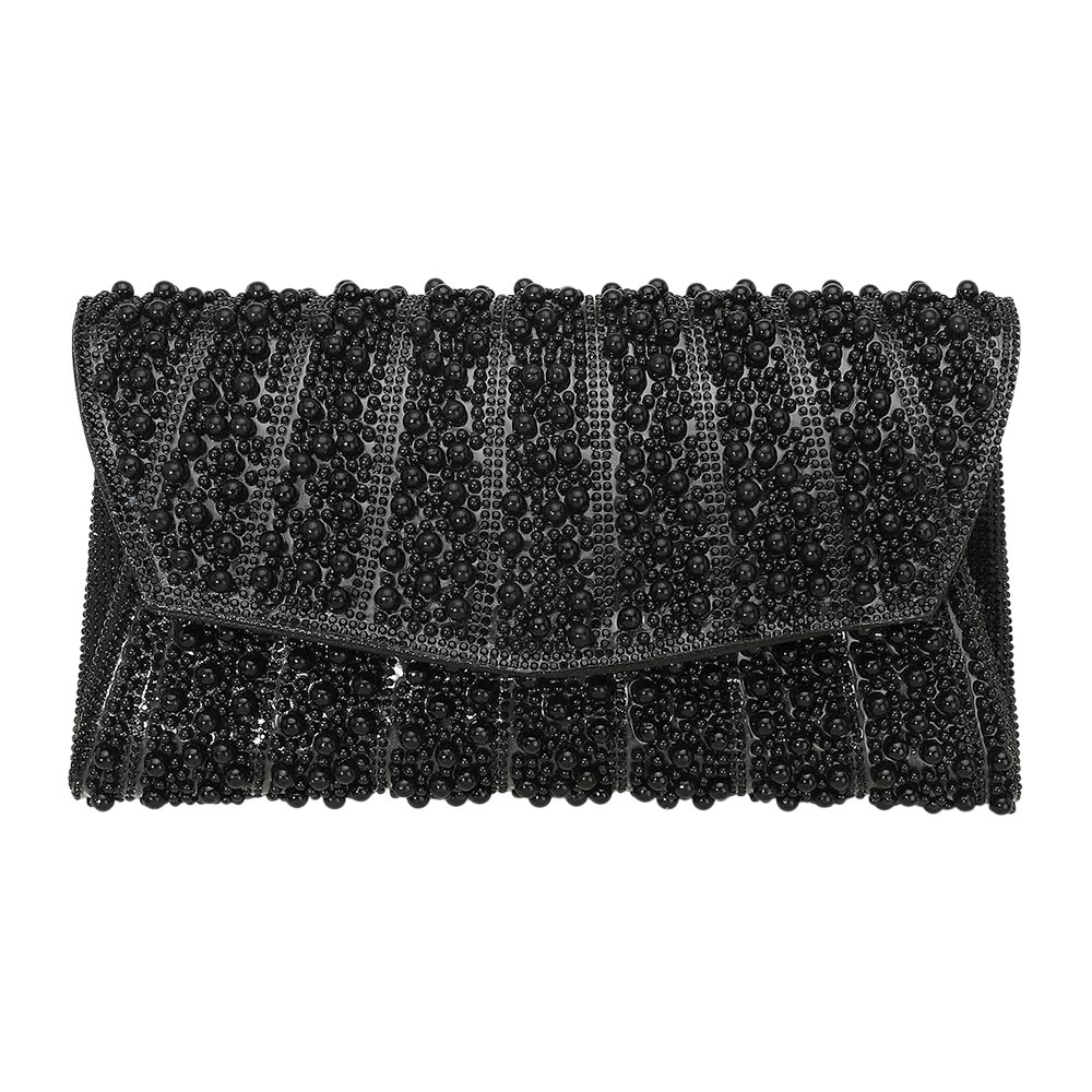 FASHNZFAB Pearl Stone Bling Embellished Flap Evening Clutch Bag