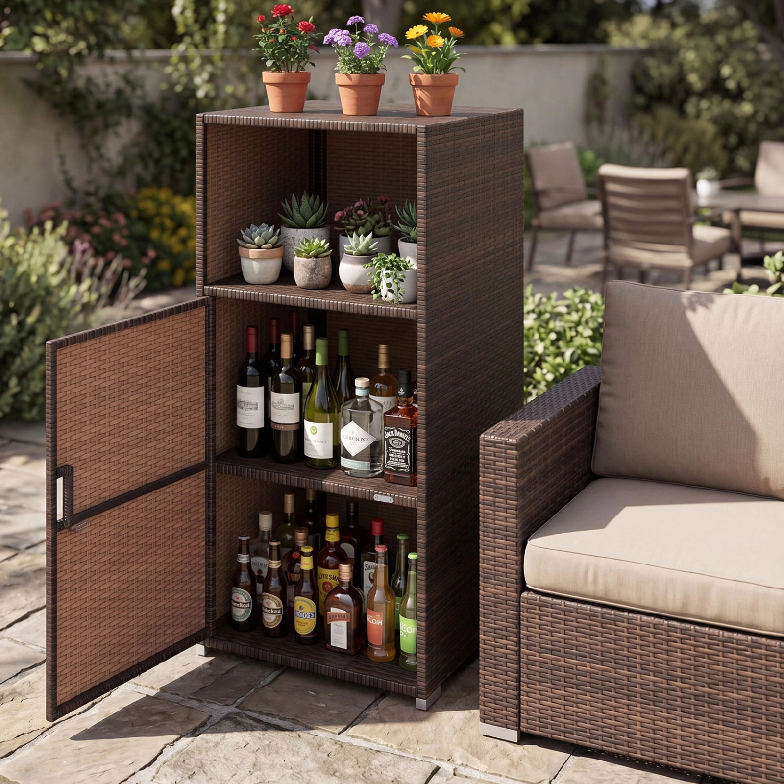 SUGIFT Open Compartment Enclosed Door PE Wicker Outdoor Patio Storage Cabinet 20-in x 20-in x 43-in 66-lb Shelf Brown