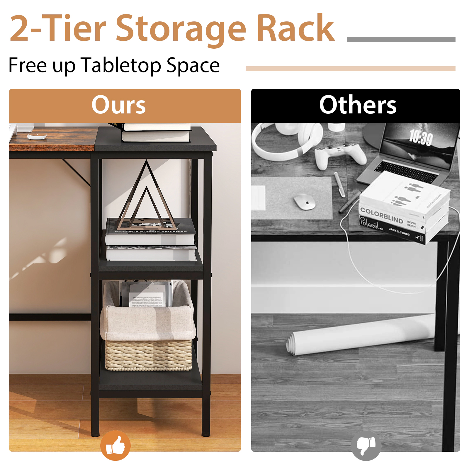 SUGIFT 55-in Modern Industrial Study Writing Desk with 2 Storage Shelves 255-lb Desktop Capacity Rustic Brown Black