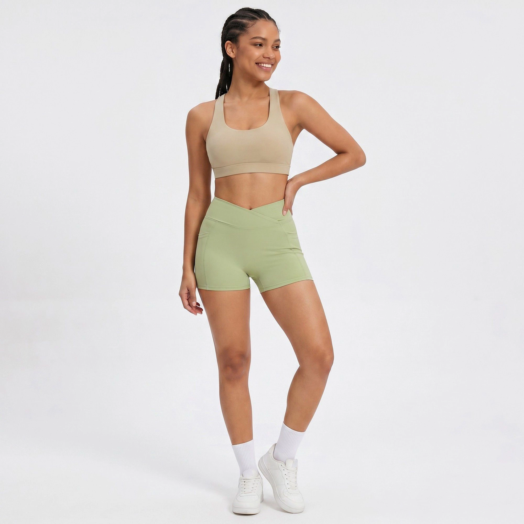 Anna-Kaci Women's High Waist Crossover Waistband Pocket Workout Biker Shorts