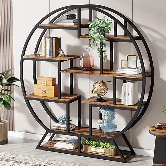 Tribesigns Round Bookshelf, 63 Inch Etagere Bookcase with Staggered Shelves Plant Stand