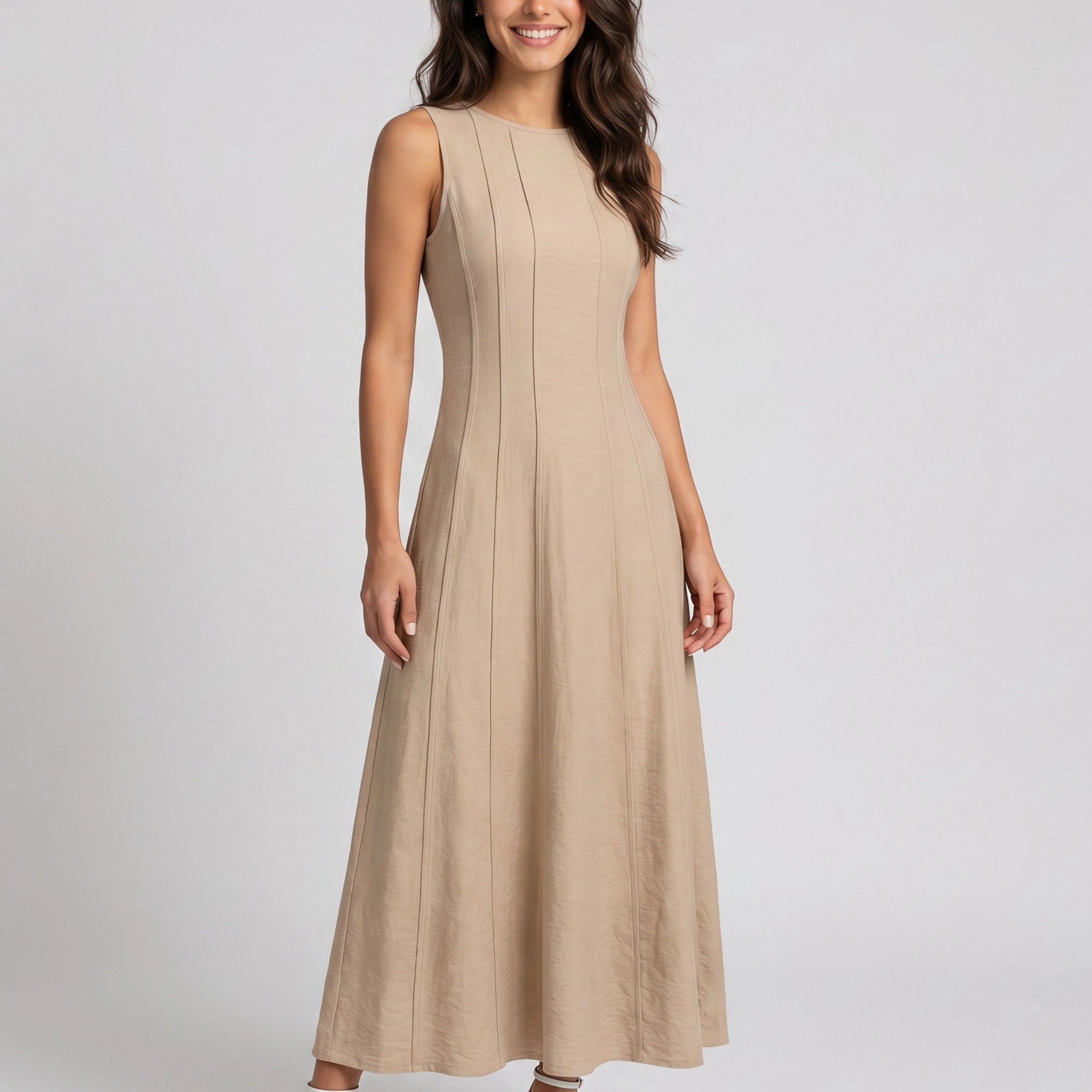 Anna-Kaci Women's Sleeveless Round Neck Panel Seam Fitted A-Line Skirt Woven Drape Maxi Dress
