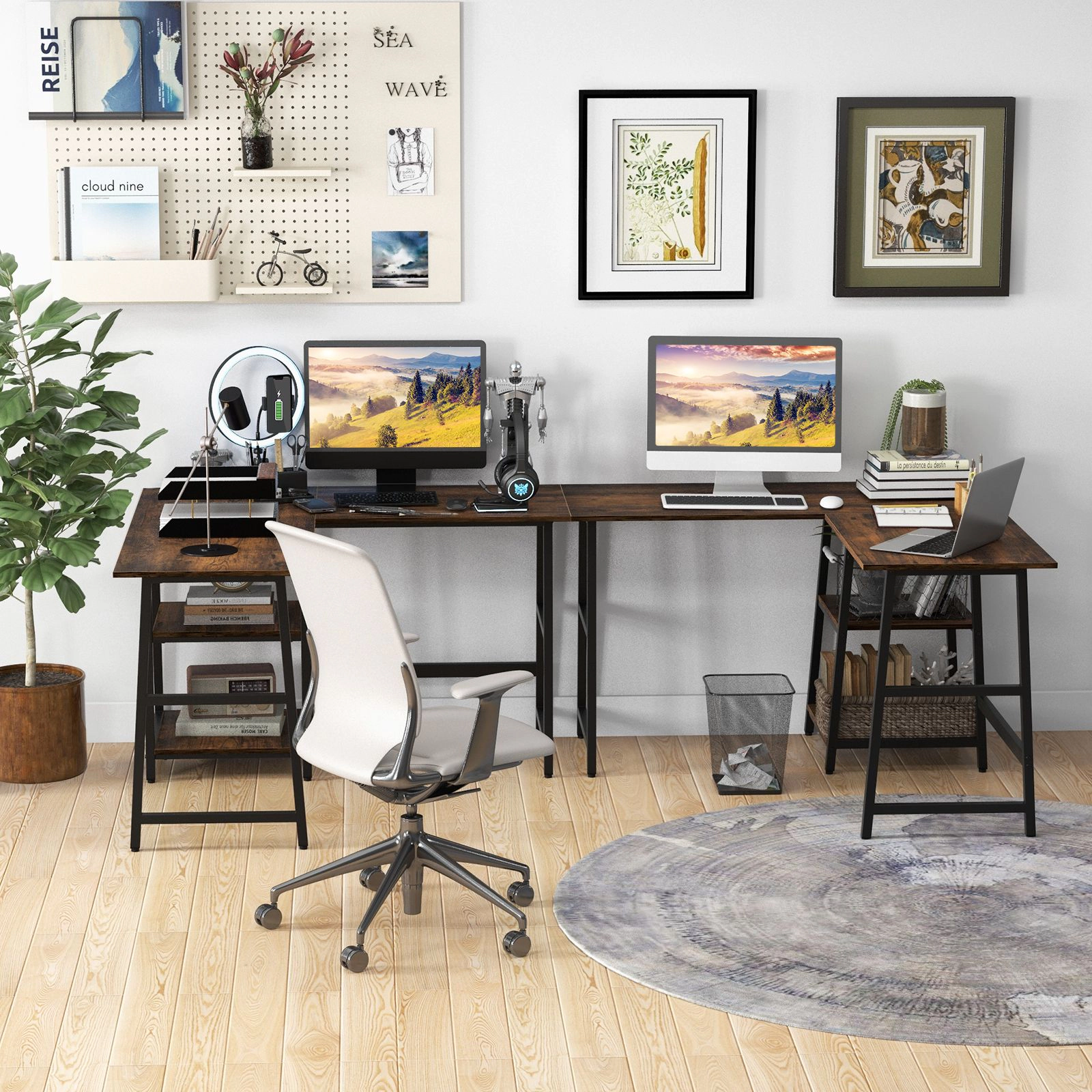 SlickBlue Corner Computer Desk with Shelves, Metal Frame and Footrest