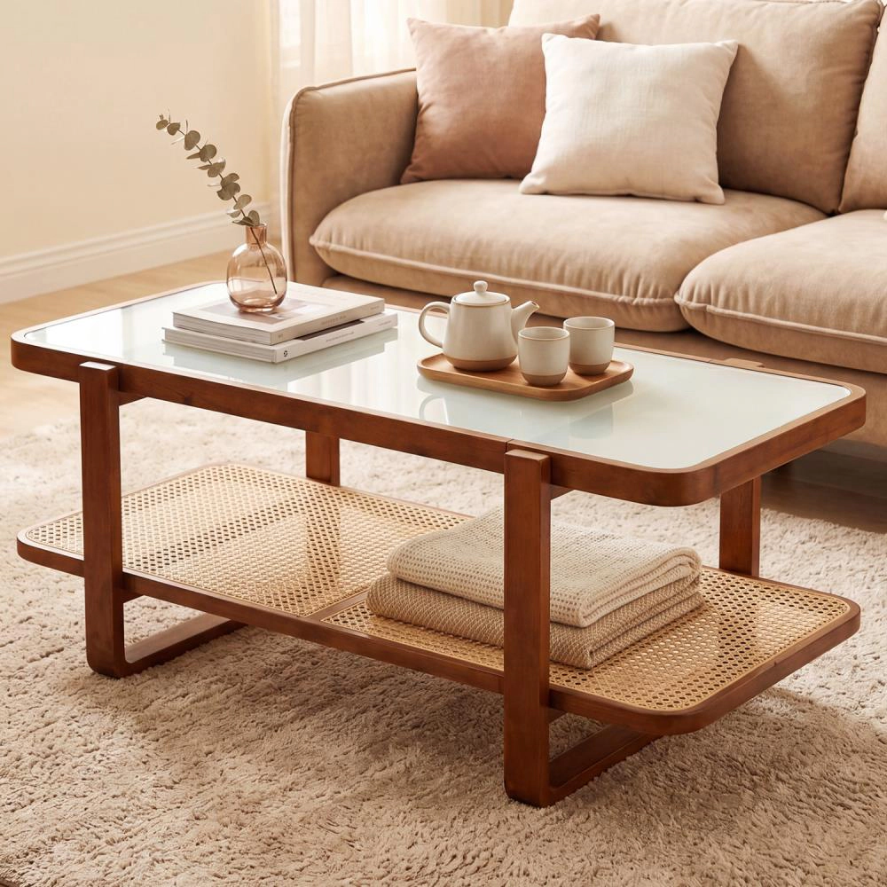 Hivvago Rattan Coffee Table With Tempered Glass Top And Storage Shelf