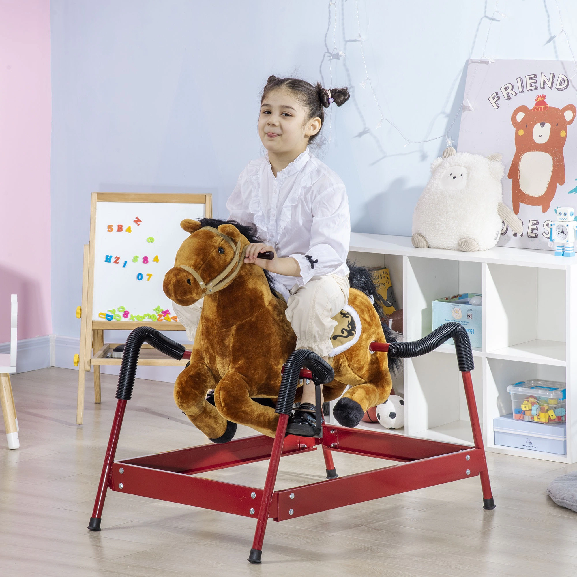 HONGGE Kids Spring Rocking Horse Ride-On Toy with Neighing Sounds, Holds up to 132 lbs, Ages 5-12, Light Brown