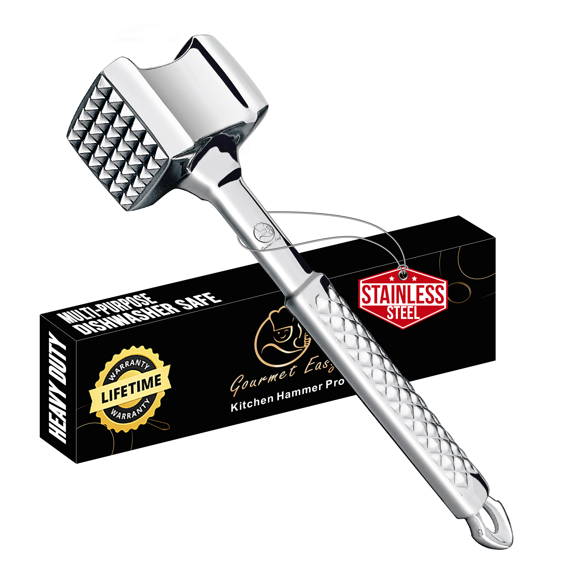 Gourmet Easy Stainless Steel Meat Tenderizer Tool, Meat Mallet, Dual-sided, Non-Slip