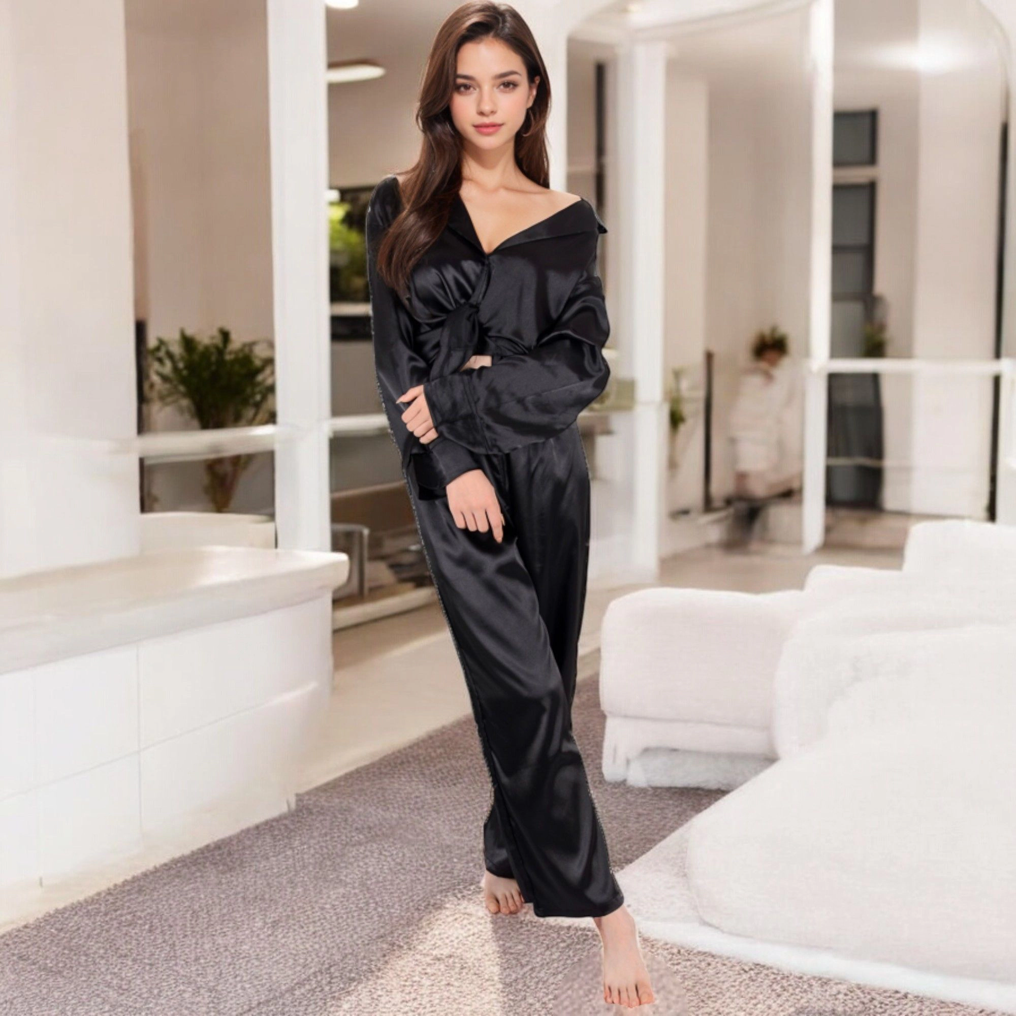 Anna-Kaci Women's Satin 2-Piece Pajama Set with Long Sleeve Button Up Shirt and Relaxed Fit Wide Leg Pants