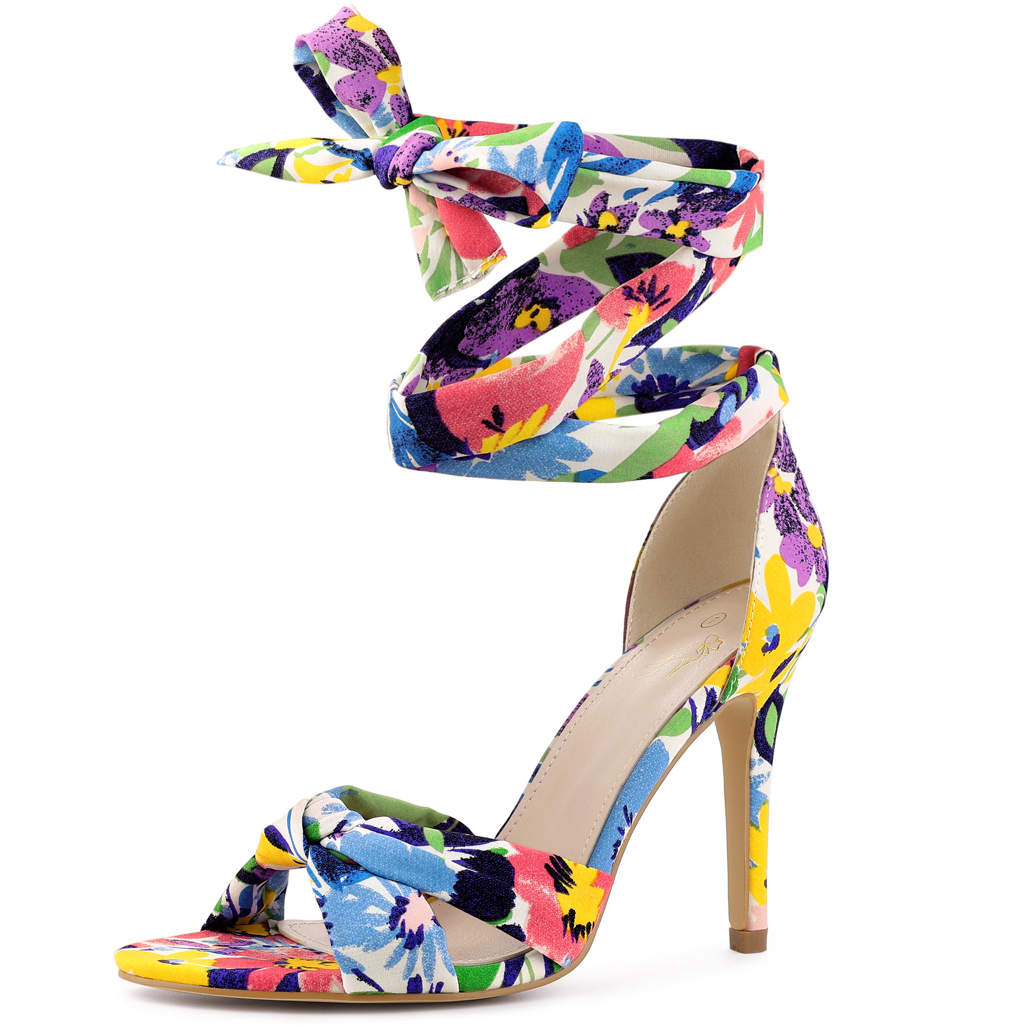BLISSFUL STEP Women's Floral Print Open Toe Stiletto Heels Lace Up Twist Sandals
